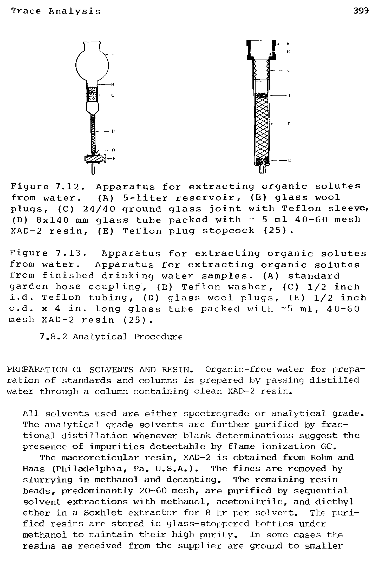 Figure 7.12. Apparatus for extracting organic solutes from water. (A) 5-liter reservoir, (B) glass wool plugs, (C) 24/40 ground glass joint with Teflon sleeve,...