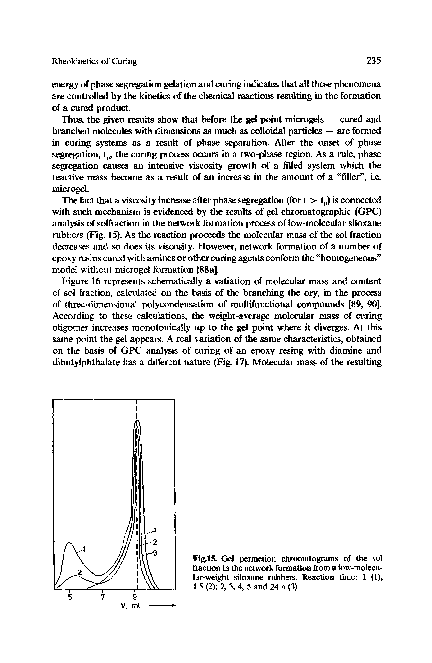 Figure 16 represents schematically a vatiation of molecular mass and content of sol fraction, calculated on the basis of the branching the ory, in the process of three-dimensional polycondensation of multifunctional compounds [89, W]. According to these calculations, the weight-average molecular mass of curing oligomer increases monotonically up to the gel point where it diverges. At this same point the gel appears. A real variation of the same characteristics, obtained on the basis of GPC analysis of curing of an epoxy resing with diamine and dibutylphthalate has a different nature (Fig. 17). Molecular mass of the resulting...