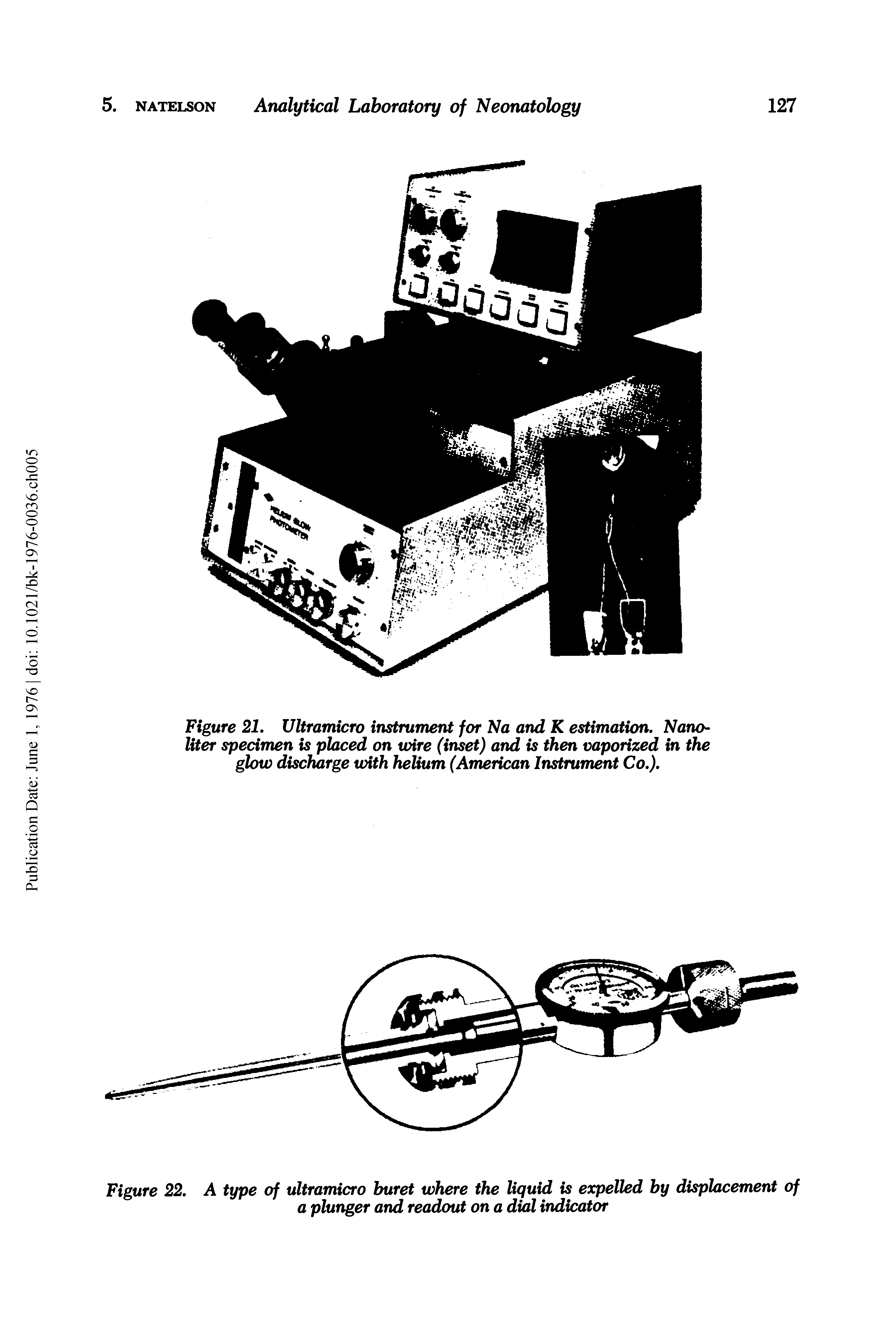 Figure 21, Ultramicro instrument for Na and K estimation. Nanoliter specimen is placed on wire (inset) and is then vaporized in the glow discharge with helium (American Instrument Co,),...