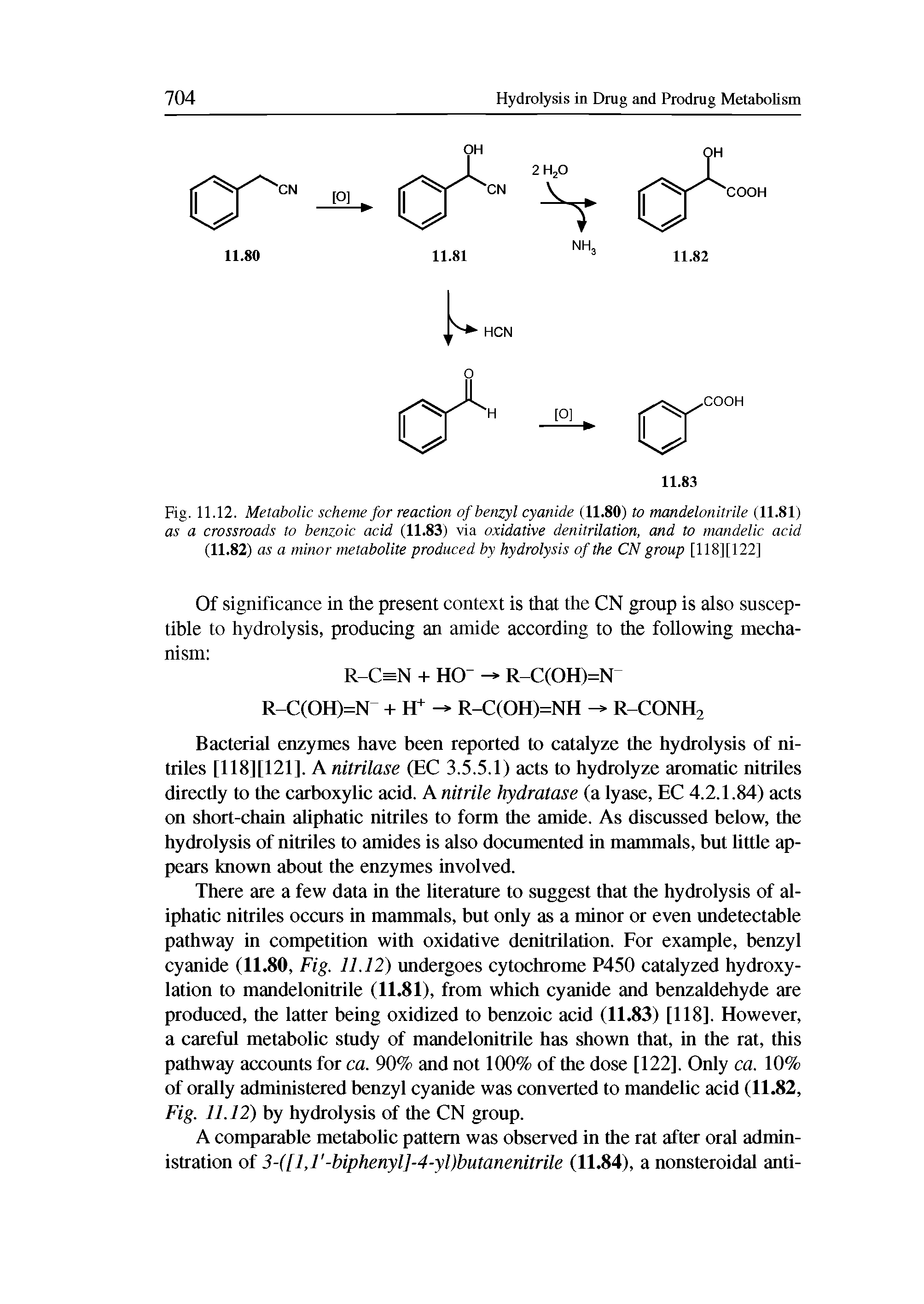 Fig. 11.12. Metabolic scheme for reaction of benzyl cyanide (11.80) to mandelonitrile (11.81) as a crossroads to benzoic acid (11.83) via oxidative denitrilation, and to mandelic acid (11.82) as a minor metabolite produced by hydrolysis of the CN group [118][122]...