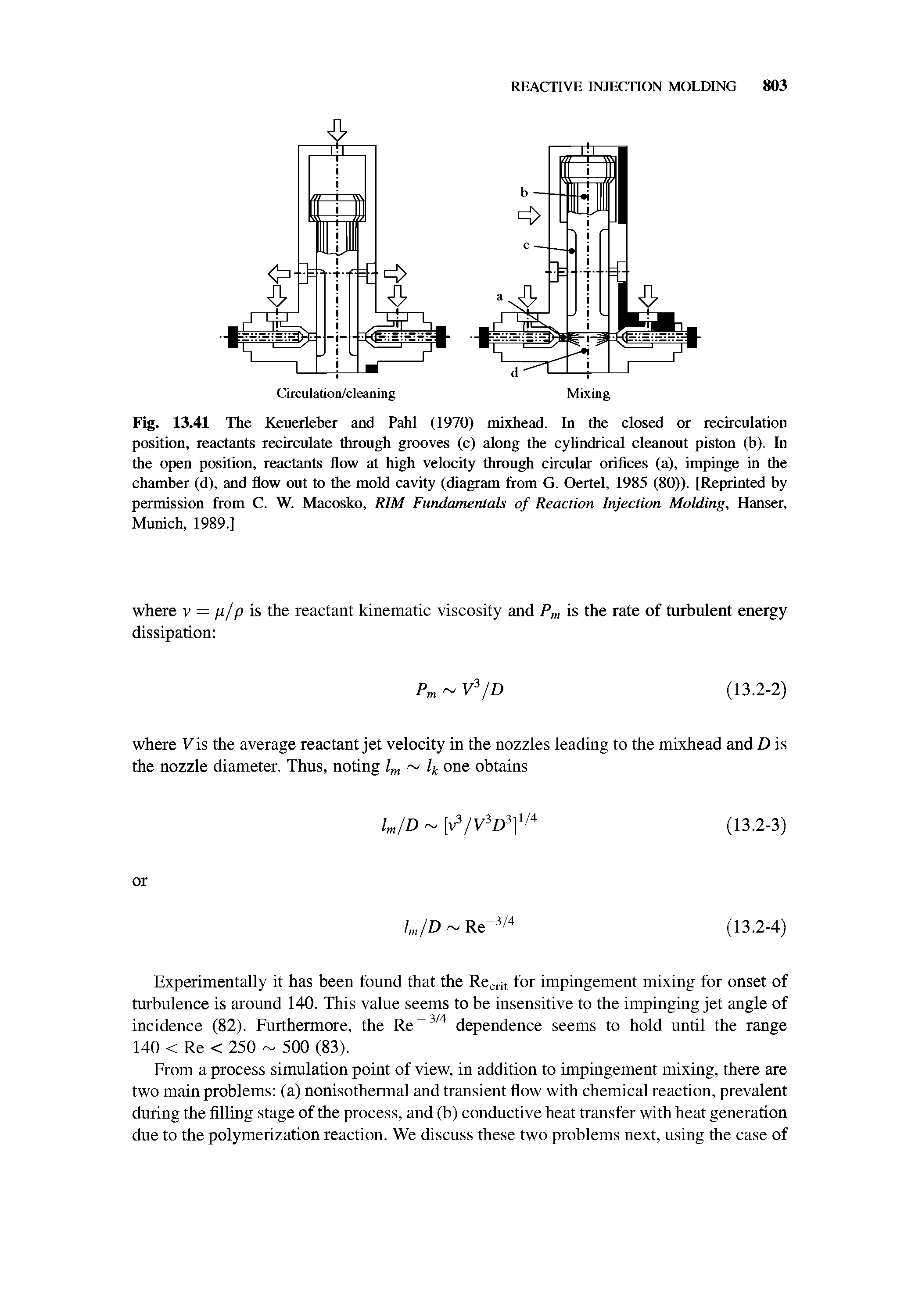 Fig. 13.41 The Keuerleber and Pahl (1970) mixhead. In the closed or recirculation position, reactants recirculate through grooves (c) along the cylindrical cleanout piston (b). In the open position, reactants flow at high velocity through circular orifices (a), impinge in the chamber (d), and flow out to the mold cavity (diagram from G. Oertel, 1985 (80)). [Reprinted by permission from C. W. Macosko, RIM Fundamentals of Reaction Injection Molding, Hanser, Munich, 1989.]...