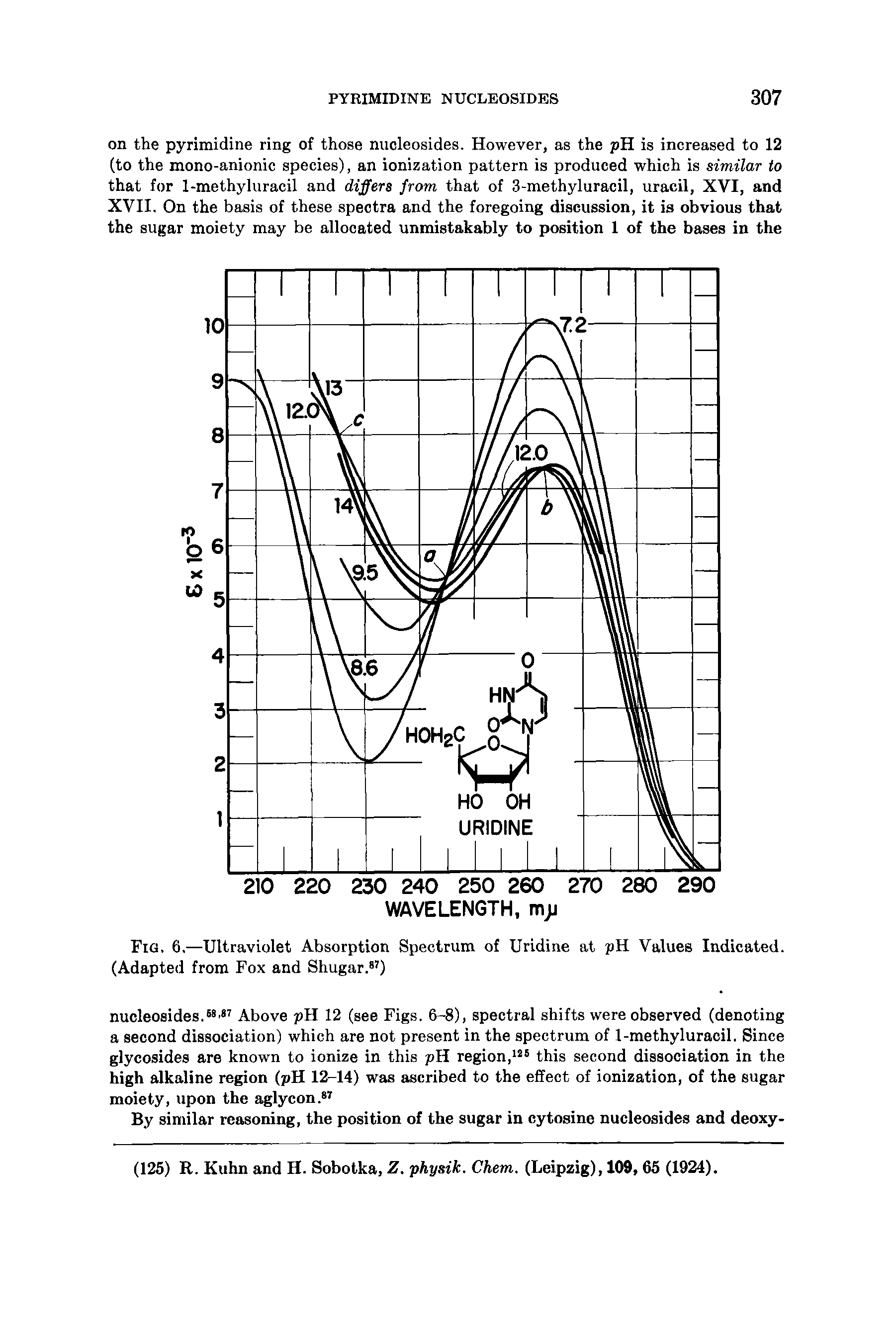 Fig. 6.—Ultraviolet Absorption Spectrum of Uridine at pH Values Indicated. (Adapted from Fox and Shugar.87)...