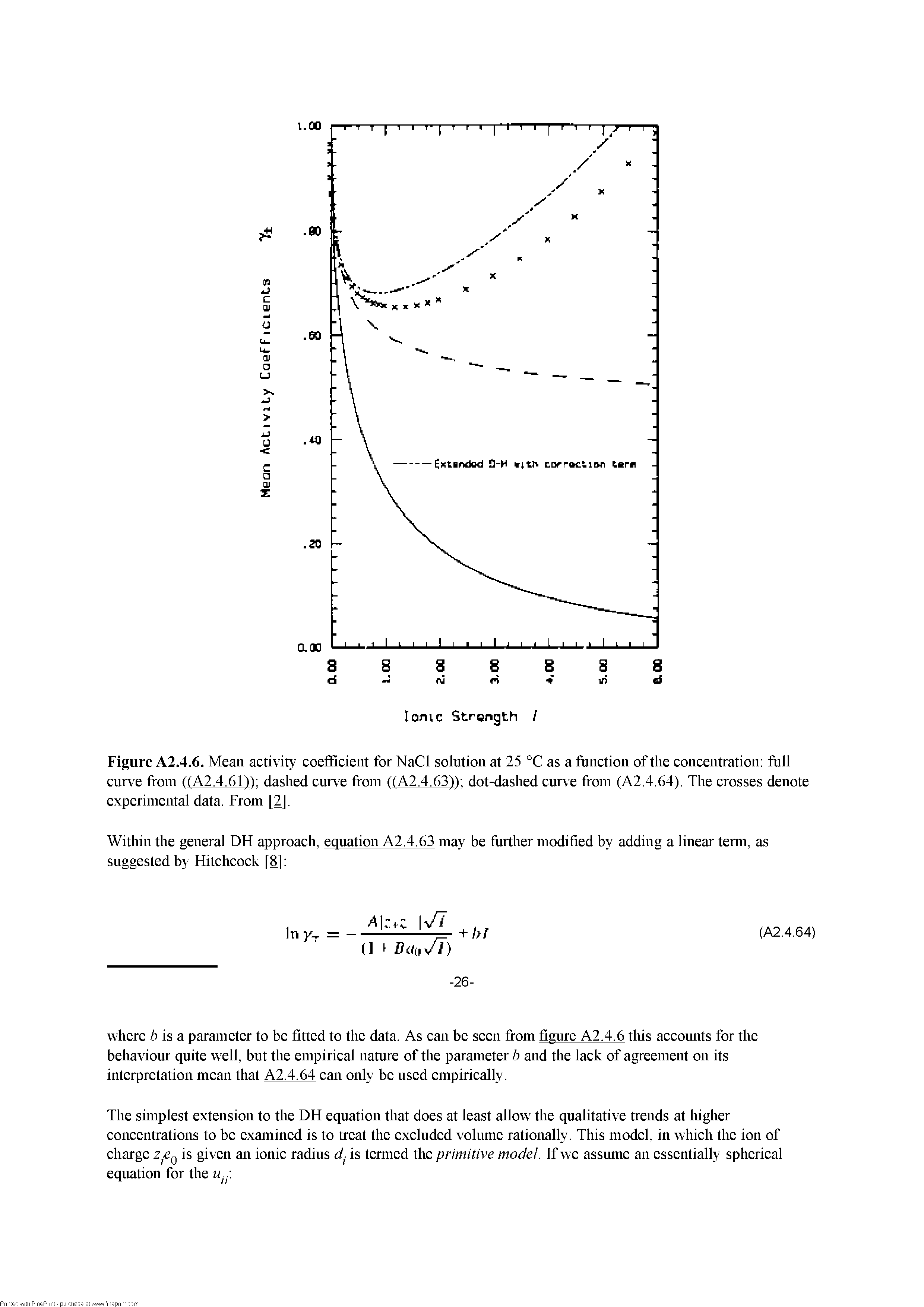 Figure A2.4.6. Mean activity coefFicient for NaCl solution at 25 °C as a function of the concentration full curve from ((A2A61 ) dashed curve from ((A2A63 ) dot-dashed curve from (A2.4.64). The crosses denote experimental data. From [2],...