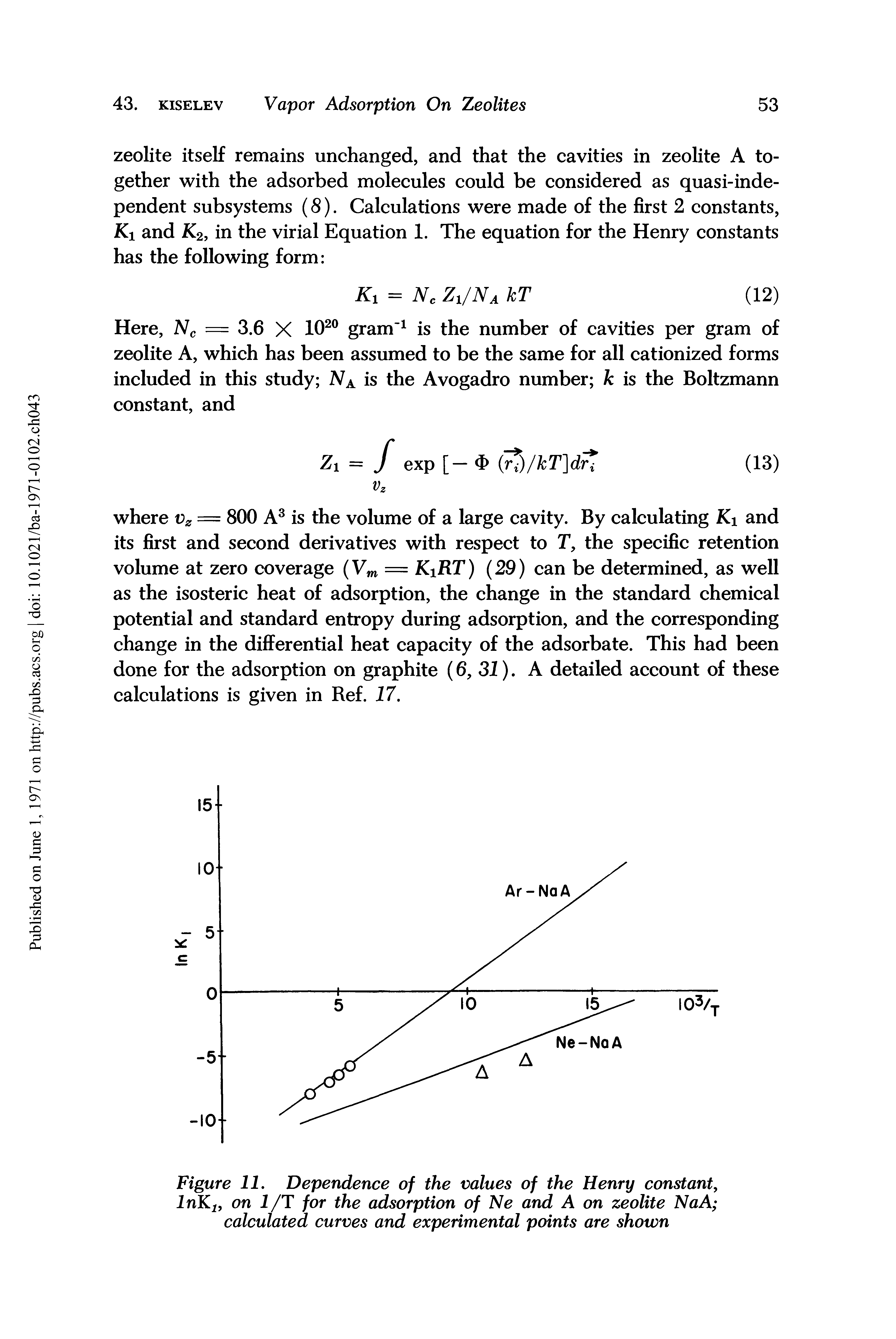 Figure 11. Dependence of the values of the Henry constant, InKi, on 1/T for the adsorption of Ne and A on zeolite NaA calculated curves and experimental points are shown...