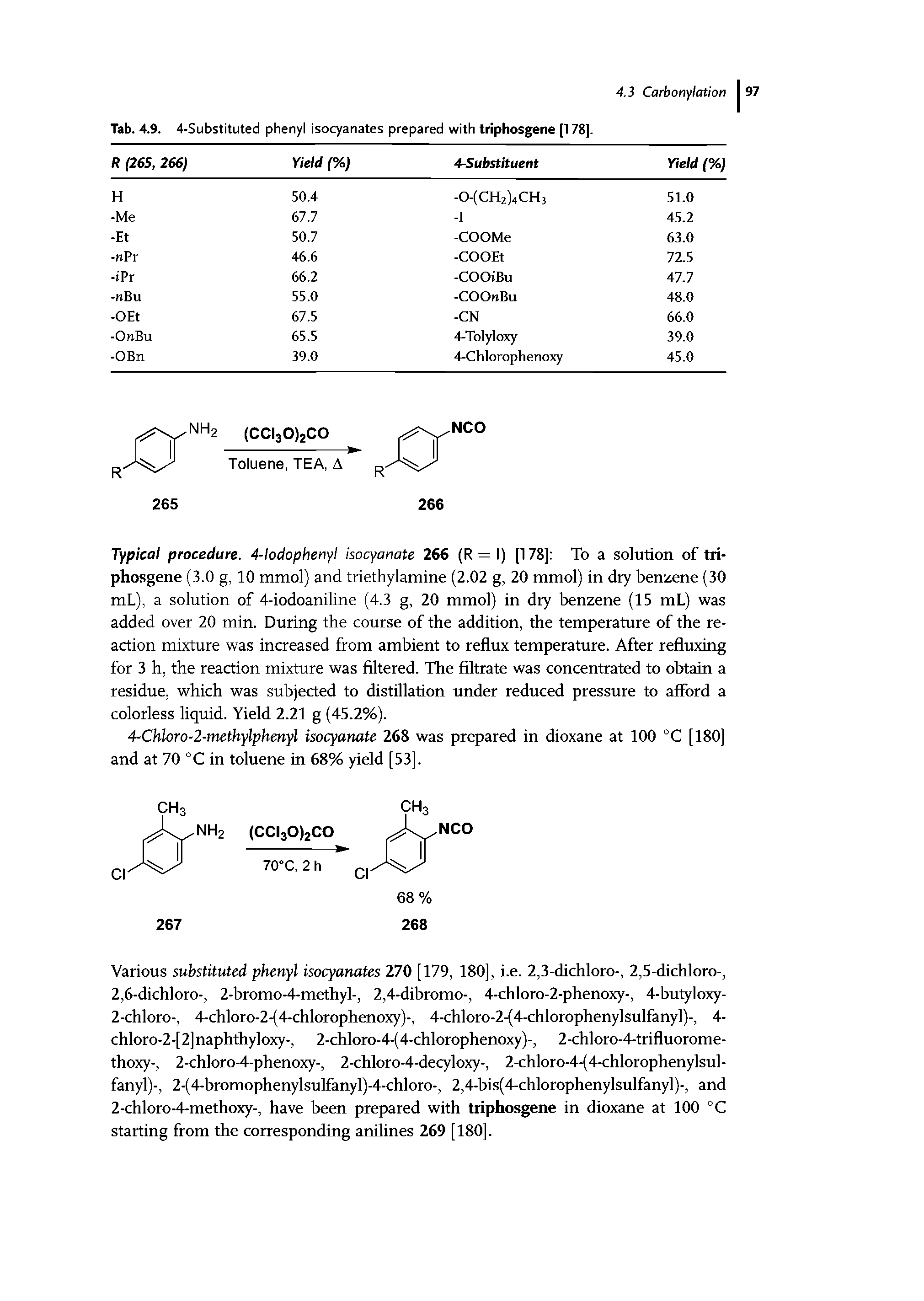 Tab. 4.9. 4-Substituted phenyl isocyanates prepared with triphosgene [178].