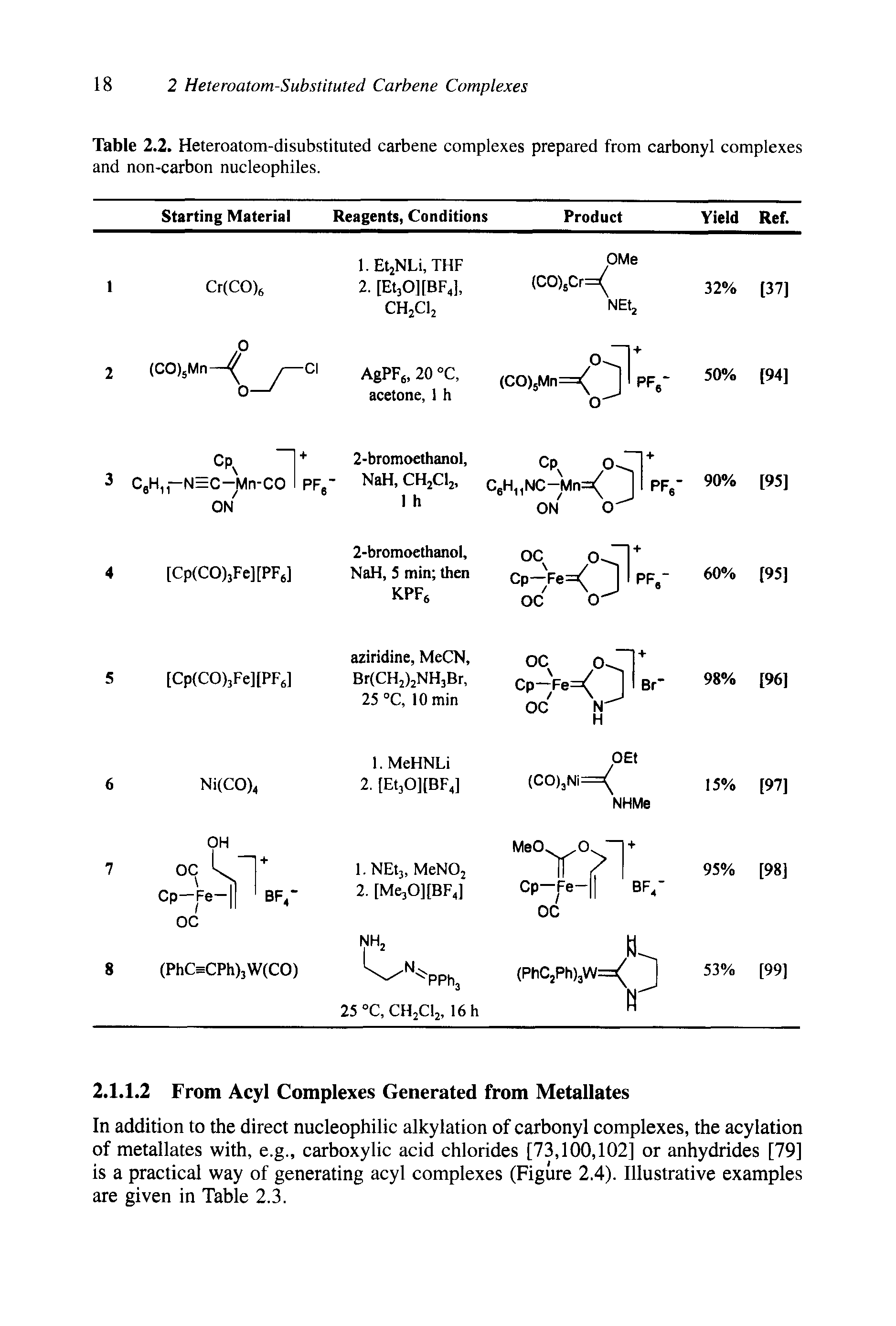 Table 2.2. Heteroatom-disubstituted carbene complexes prepared from carbonyl complexes and non-carbon nucleophiles.