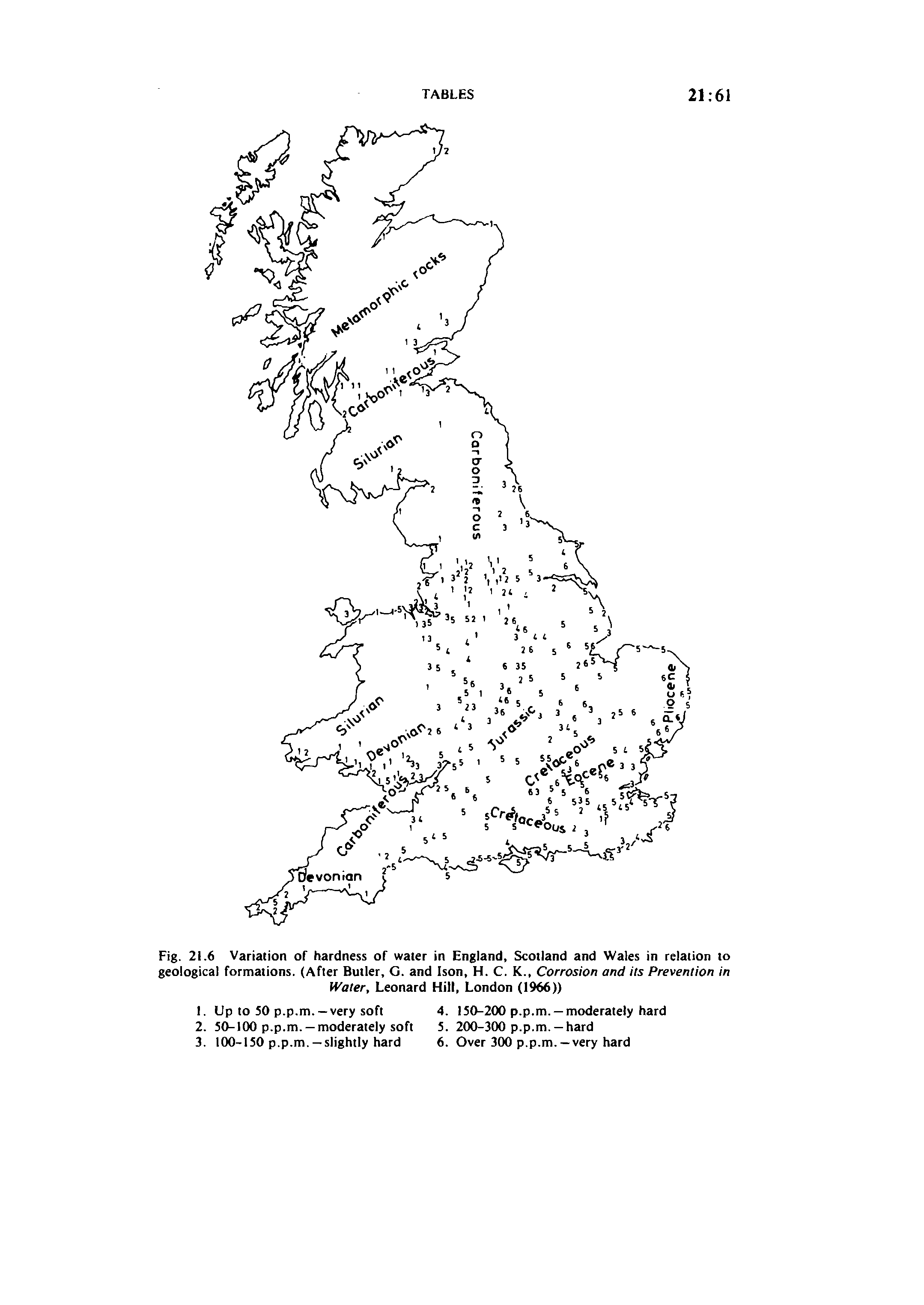 Fig. 21.6 Variation of hardness of water in England, Scotland and Wales in relation to geological formations. (After Butler, G. and Ison, H. C. K., Corrosion and Us Prevention in Water, Leonard Hill, London (1966))...