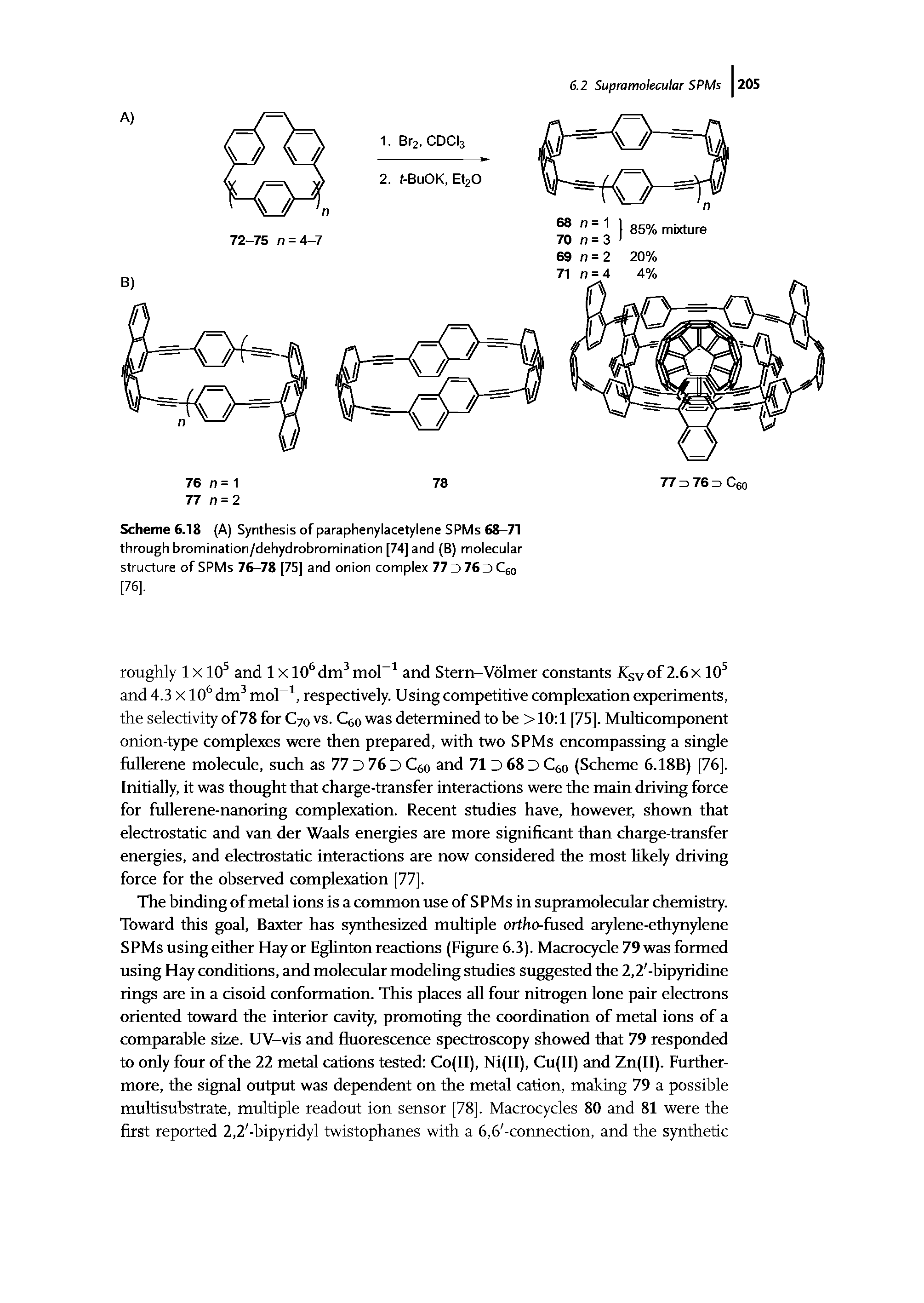 Scheme 6.18 (A) Synthesis of paraphenylacetylene SPMs 68-71 through bromination/dehydrobromination [74] and (B) molecular structure of SPMs 76-78 [75] and onion complex 77 D 76 Qo [76].