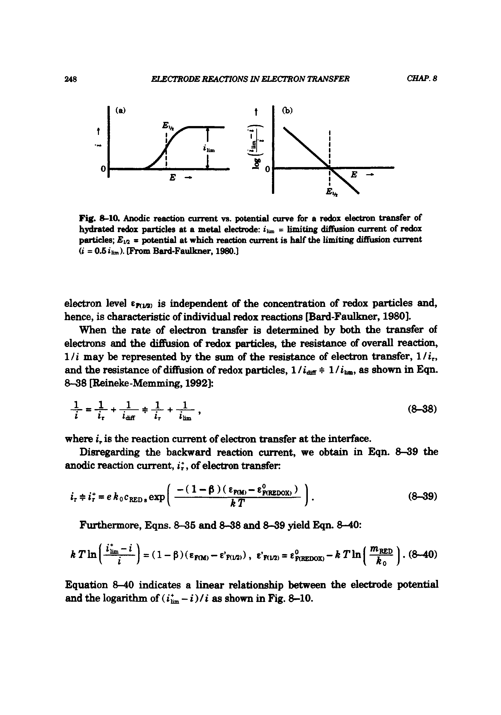 Fig. 8-10. Anodic reaction current vs. potential curve for a redox electron transfer of hydrated redox particles at a metal electrode iibi = limiting diffusion current of redox particles 1/3 = potential at which reaction current is half the limiting diffusion current ( = 0.6iiin). [From Bard-Paulkner, 1980.]...