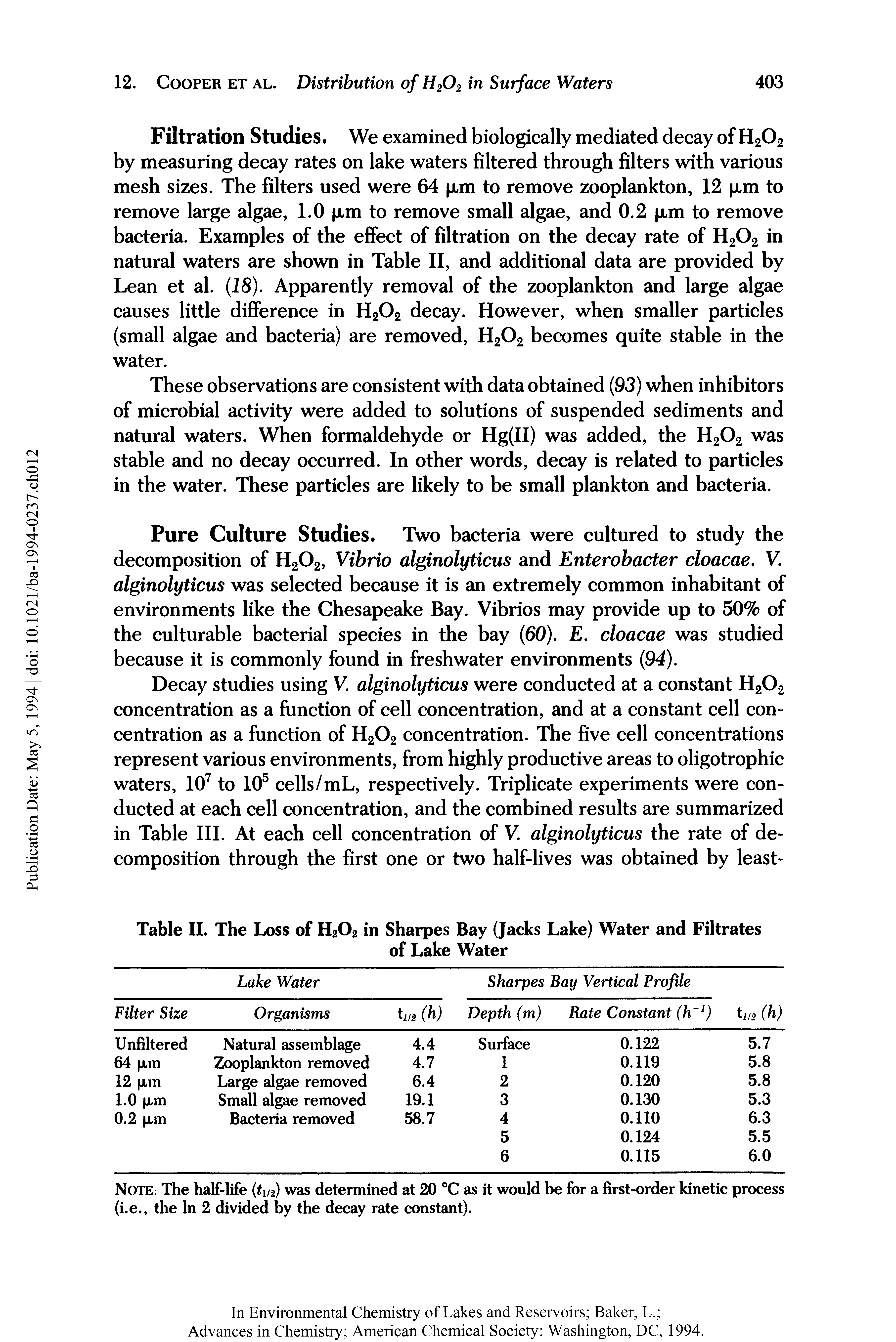 Table II. The Loss of H202 in Sharpes Bay (Jacks Lake) Water and Filtrates...