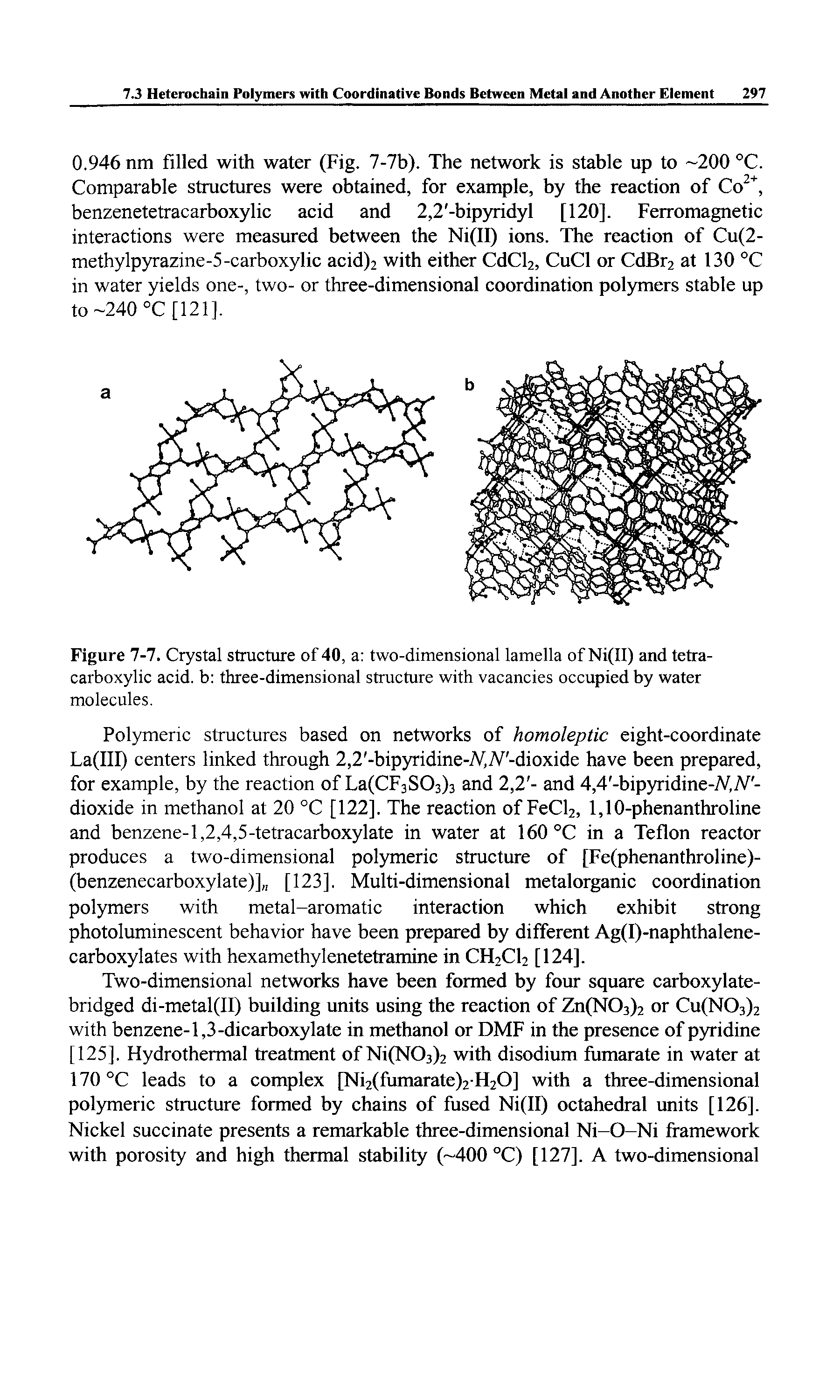 Figure 7-7. Crystal structure of 40, a two-dimensional lamella of Ni(II) and tetra-carboxylic acid, b three-dimensional structure with vacancies oceupiedby water molecules.