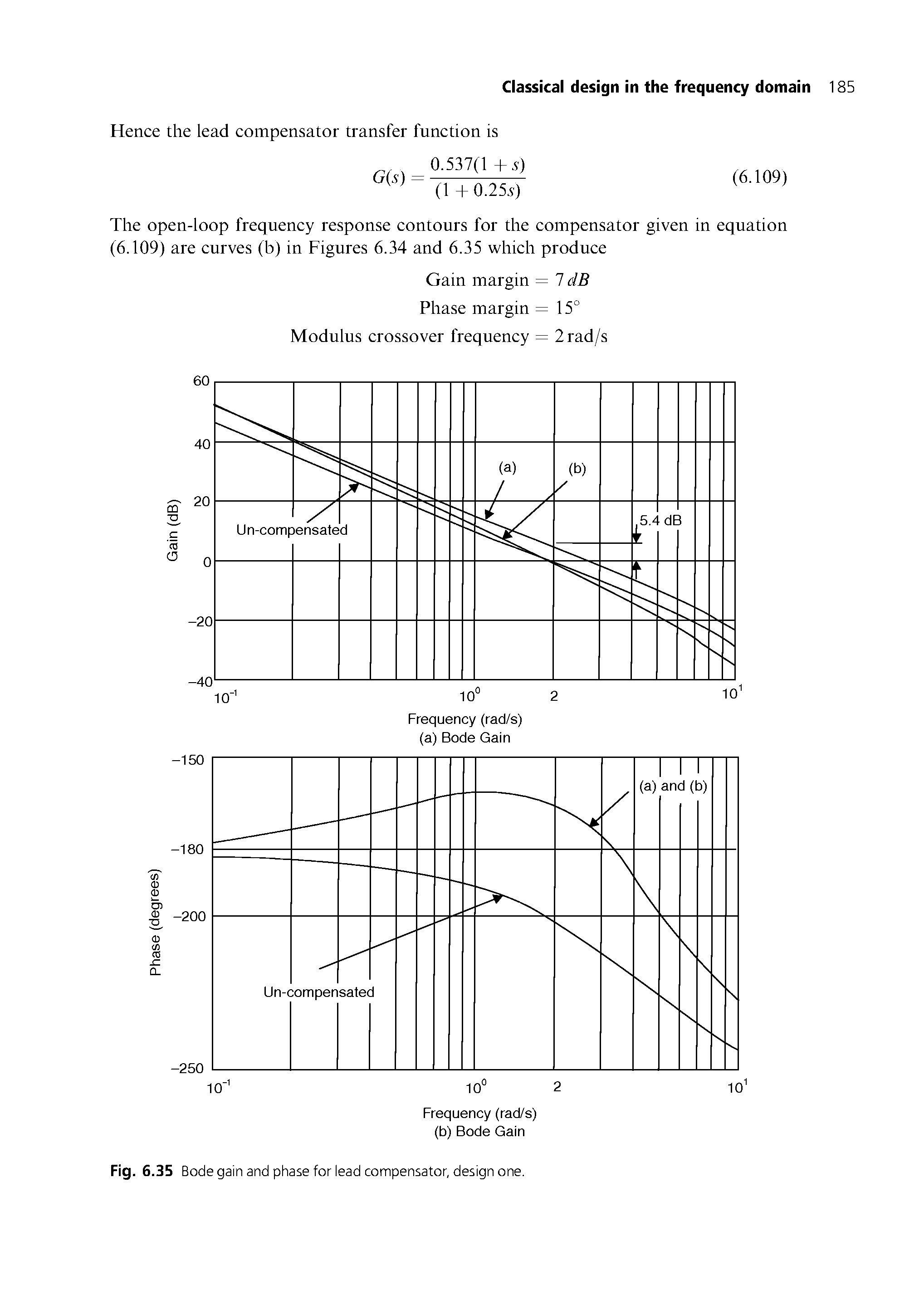 Fig. 6.35 Bode gain and phase for lead compensator, design one.