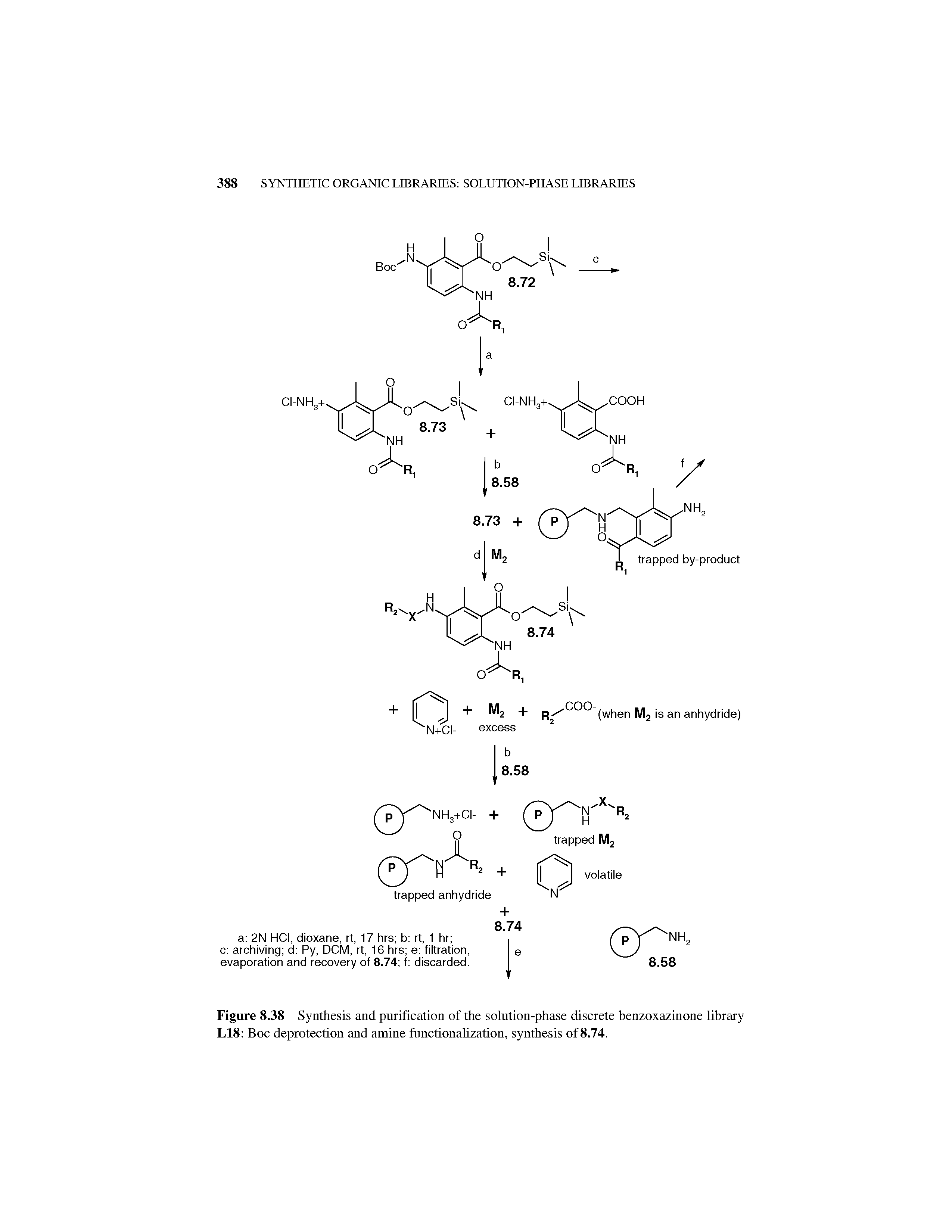 Figure 8.38 Synthesis and purification of the solution-phase discrete benzoxazinone library L18 Boc deprotection and amine functionalization, synthesis of 8.74.