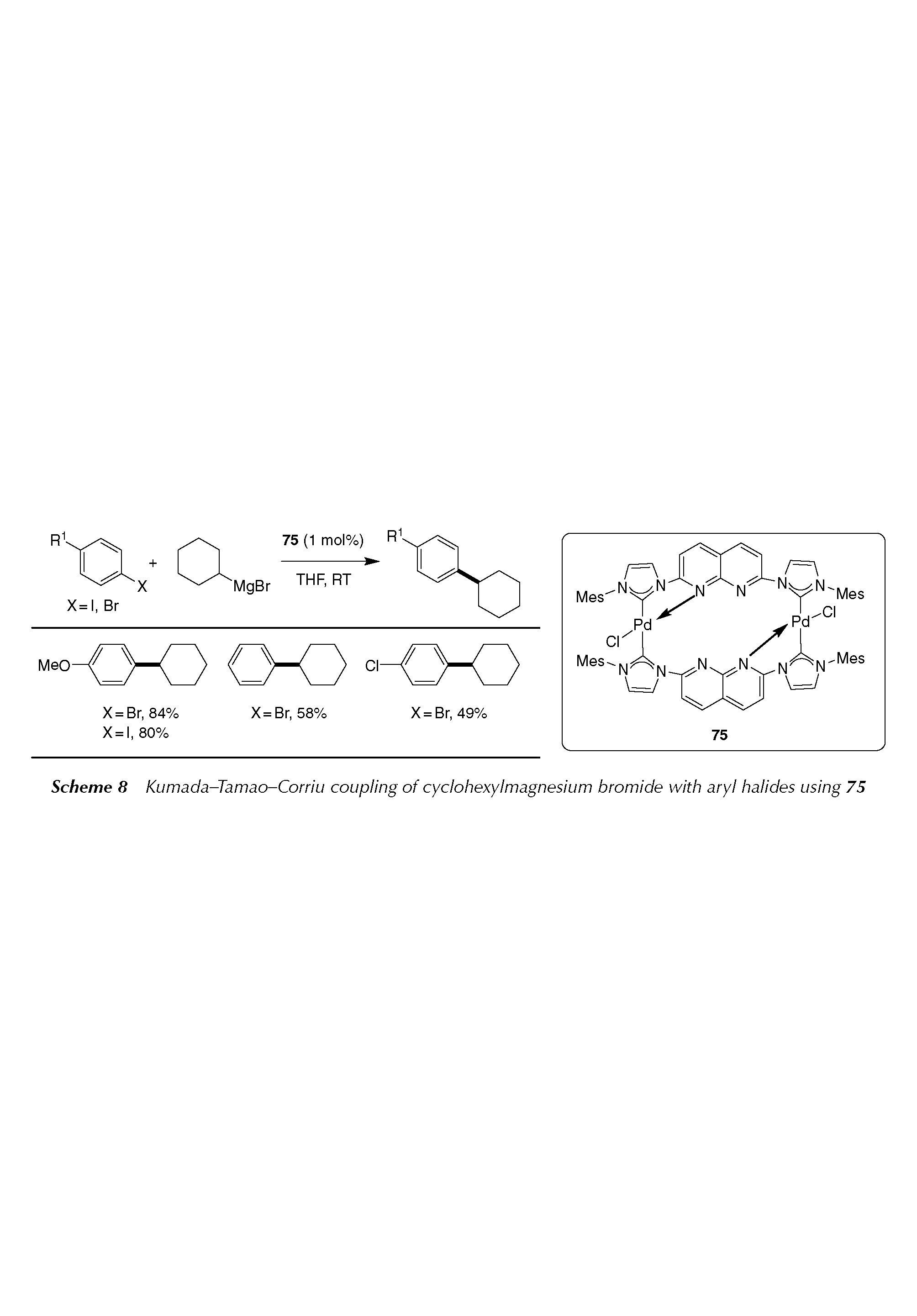 Scheme 8 Kumada-Tamao-Corriu coupling of cyclohexyl magnesium bromide with aryl halides using 75...