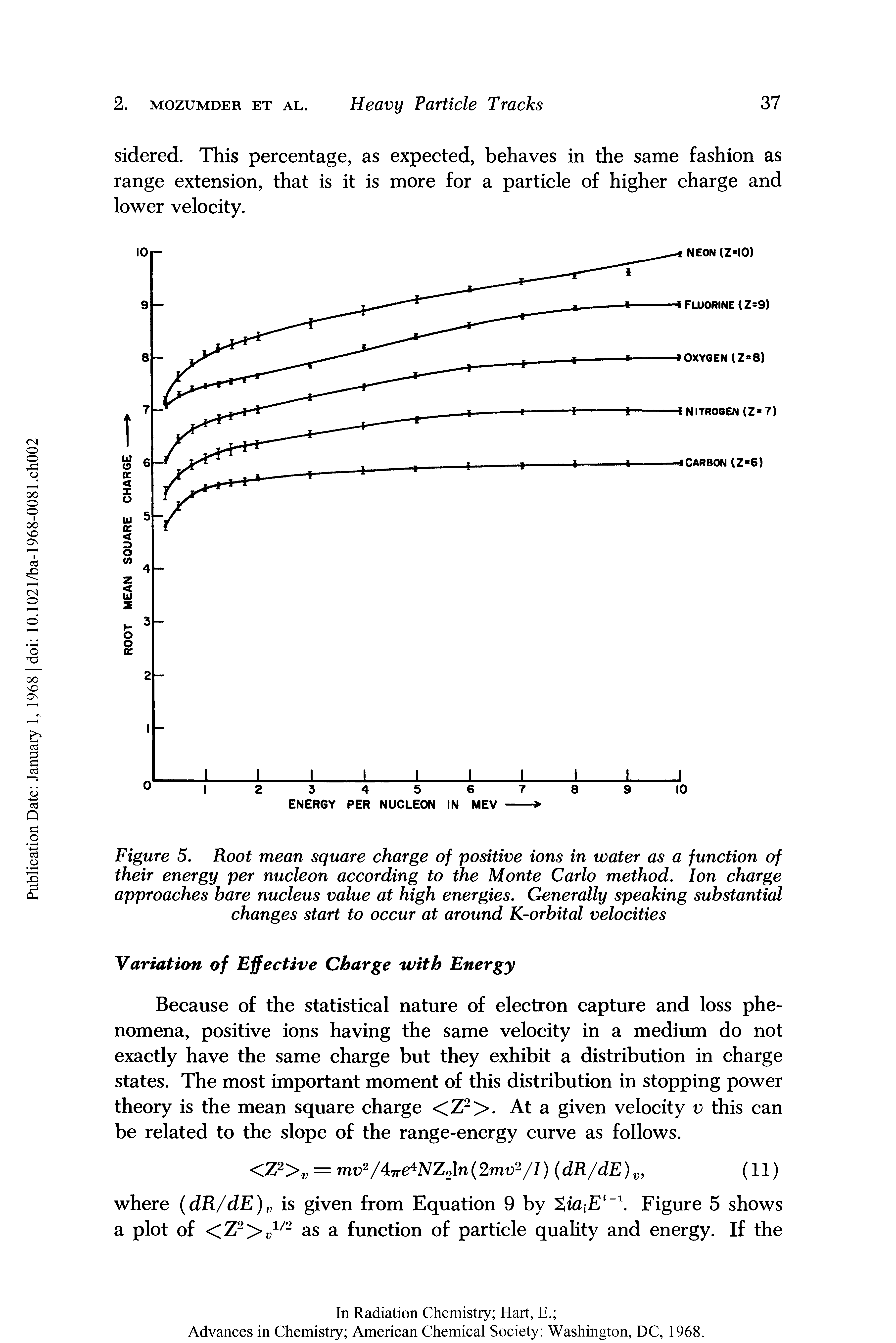 Figure 5. Root mean square charge of positive ions in water as a function of their energy per nucleon according to the Monte Carlo method. Ion charge approaches bare nucleus value at high energies. Generally speaking substantial changes start to occur at around K-orbital velocities...