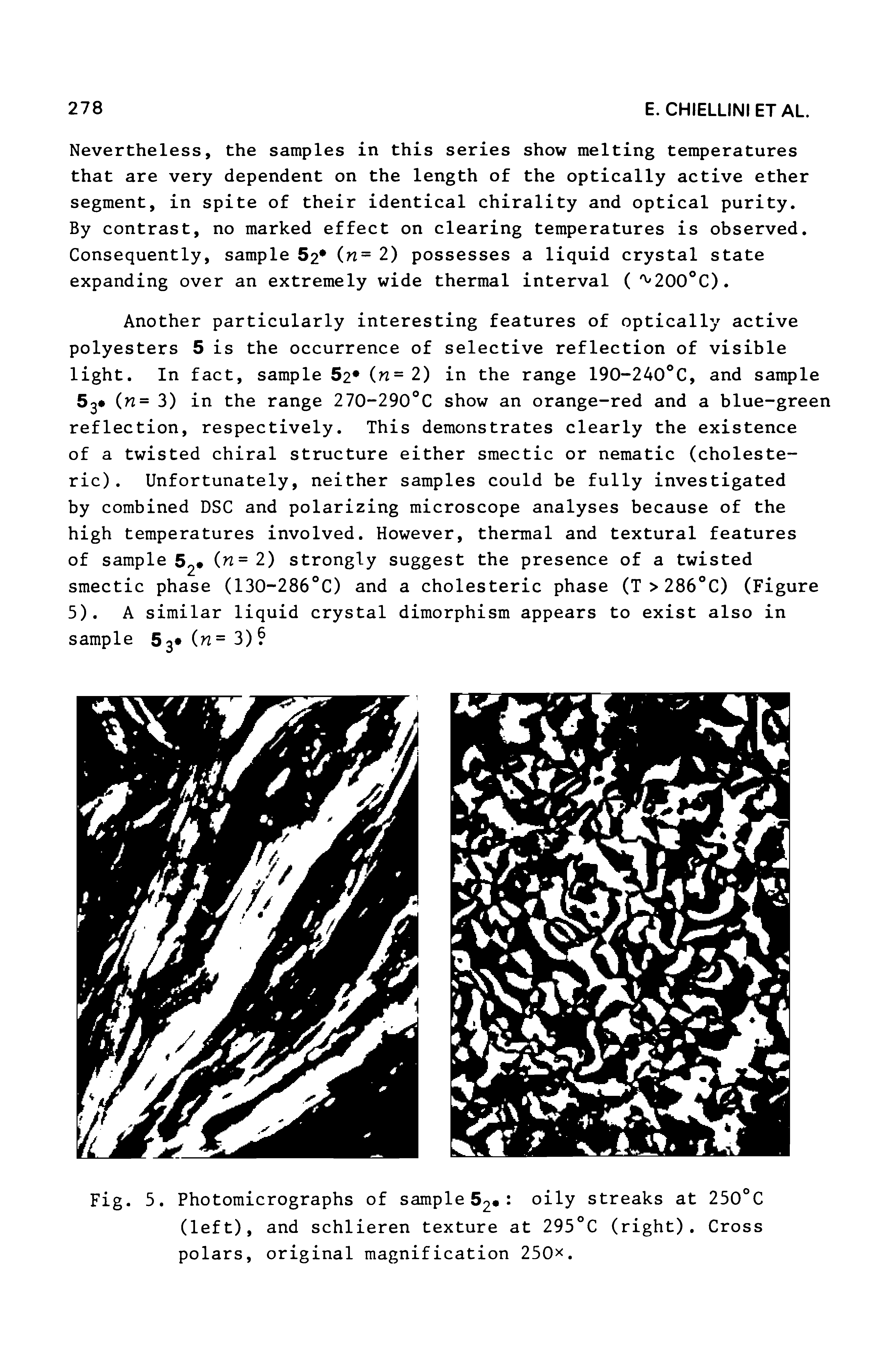 Fig. 5. Photomicrographs of sample 62 oily streaks at 250°C (left), and schlieren texture at 295 C (right). Cross polars, original magnification 250x.
