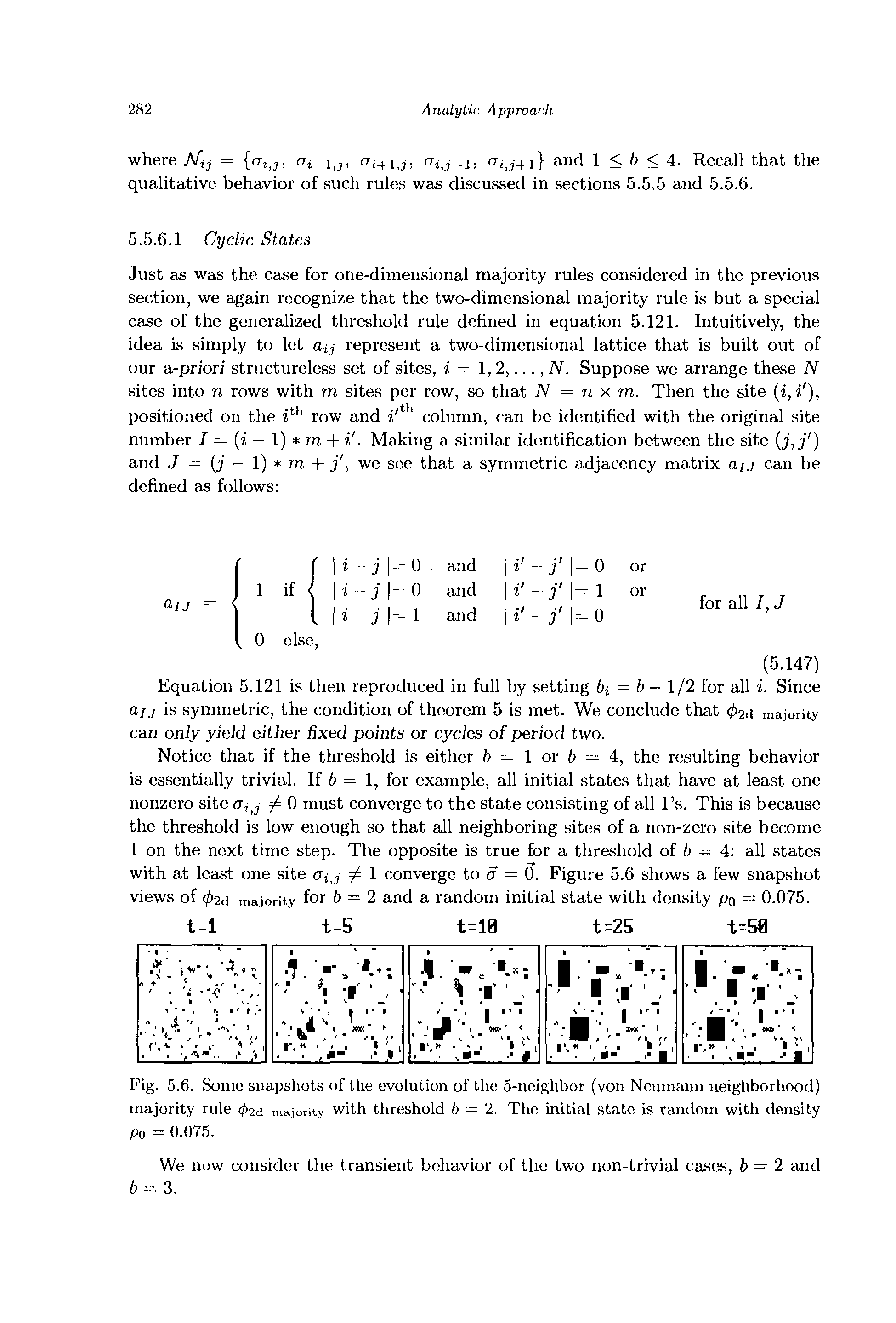 Fig. 5.6. Some snapshots of the evolution of the 5-neighbor (von Neumann neighborhood) majority rule (p2d majority with threshold b = 2, The initial state is random with density po = 0.075.