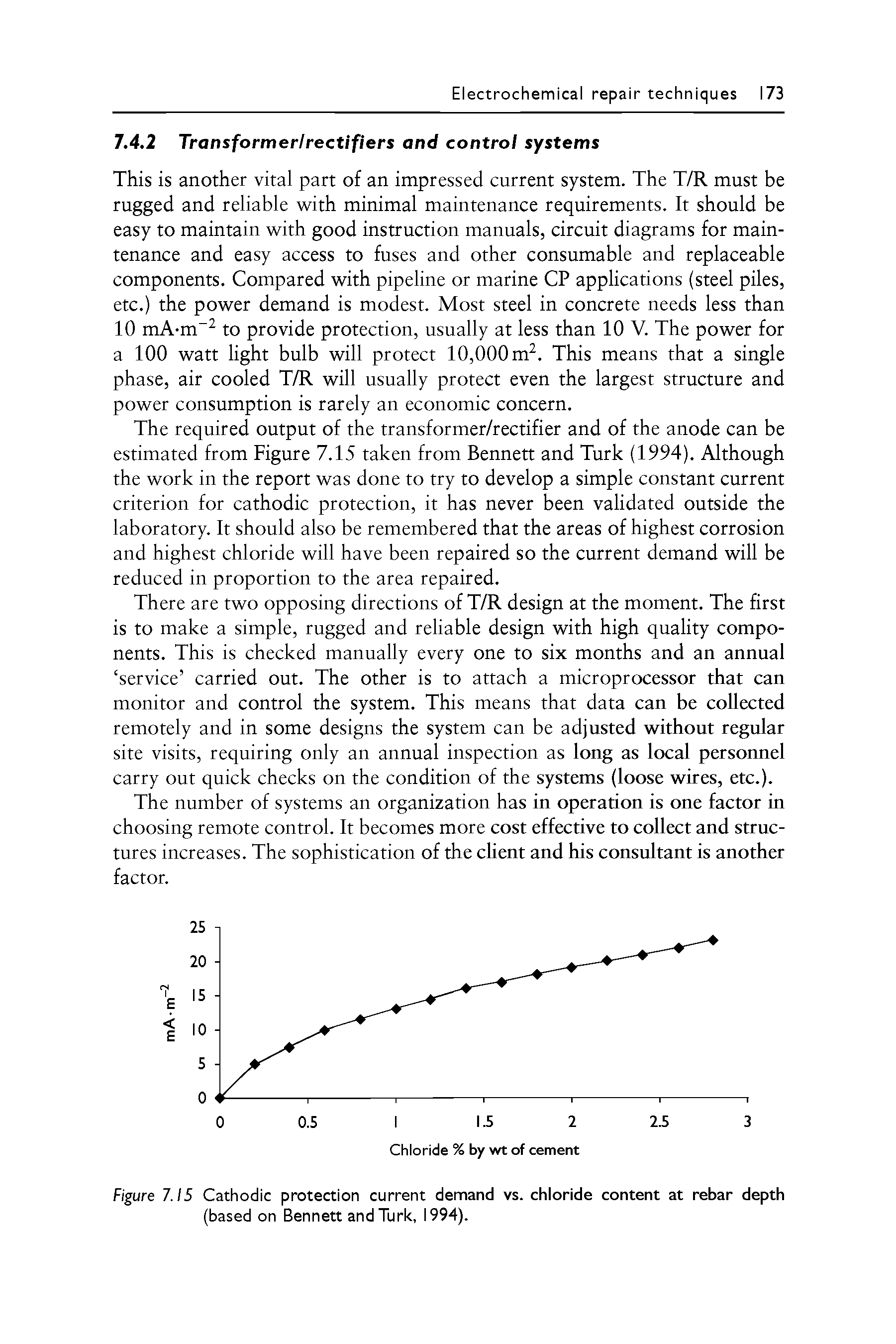 Figure 7.15 Cathodic protection current demand vs. chioride content at rebar depth (based on Bennett and Turk, i994).