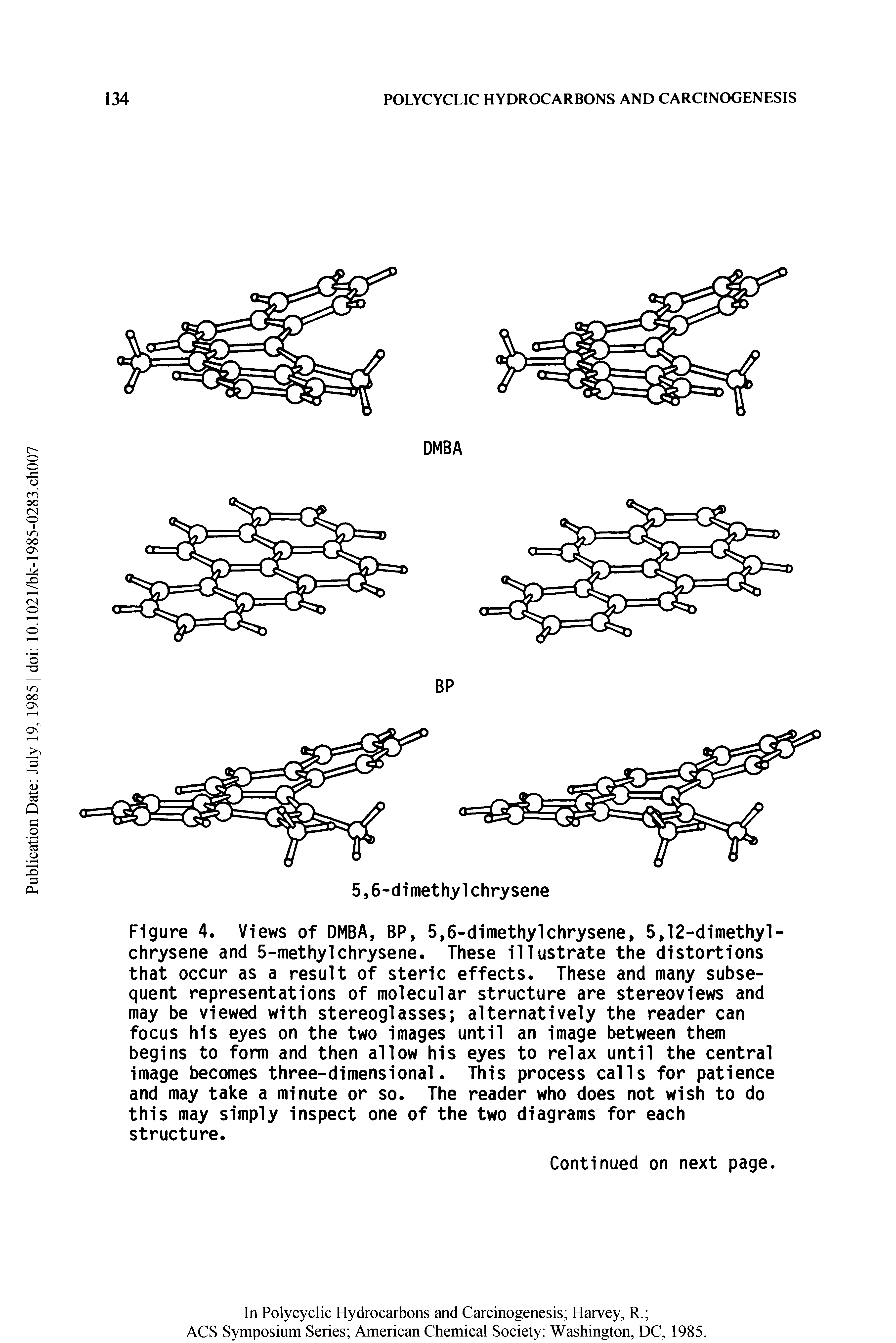 Figure 4. Views of DMBA, BP, 5,6-dimethylchrysene, 5,12-dimethyl-chrysene and 5-methyl chrysene. These illustrate the distortions that occur as a result of steric effects. These and many subsequent representations of molecular structure are stereoviews and may be viewed with stereoglasses alternatively the reader can focus his eyes on the two images until an image between them begins to form and then allow his eyes to relax until the central image becomes three-dimensional. This process calls for patience and may take a minute or so. The reader who does not wish to do this may simply inspect one of the two diagrams for each structure.