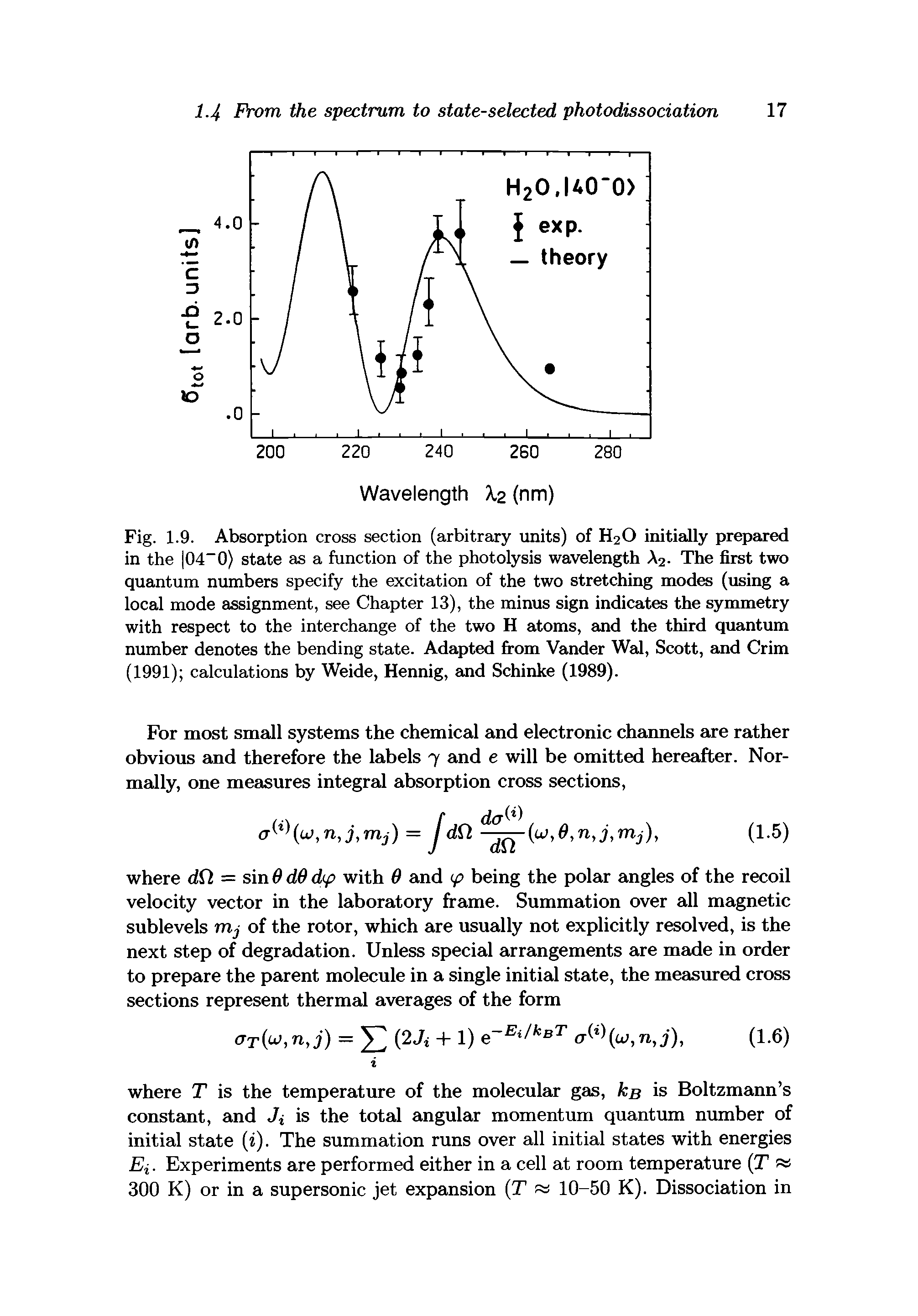 Fig. 1.9. Absorption cross section (arbitrary units) of H20 initially prepared in the 04-0) state as a function of the photolysis wavelength A2. The first two quantum numbers specify the excitation of the two stretching modes (using a local mode assignment, see Chapter 13), the minus sign indicates the symmetry with respect to the interchange of the two H atoms, and the third quantum number denotes the bending state. Adapted from Vander Wal, Scott, and Crim (1991) calculations by Weide, Hennig, and Schinke (1989).