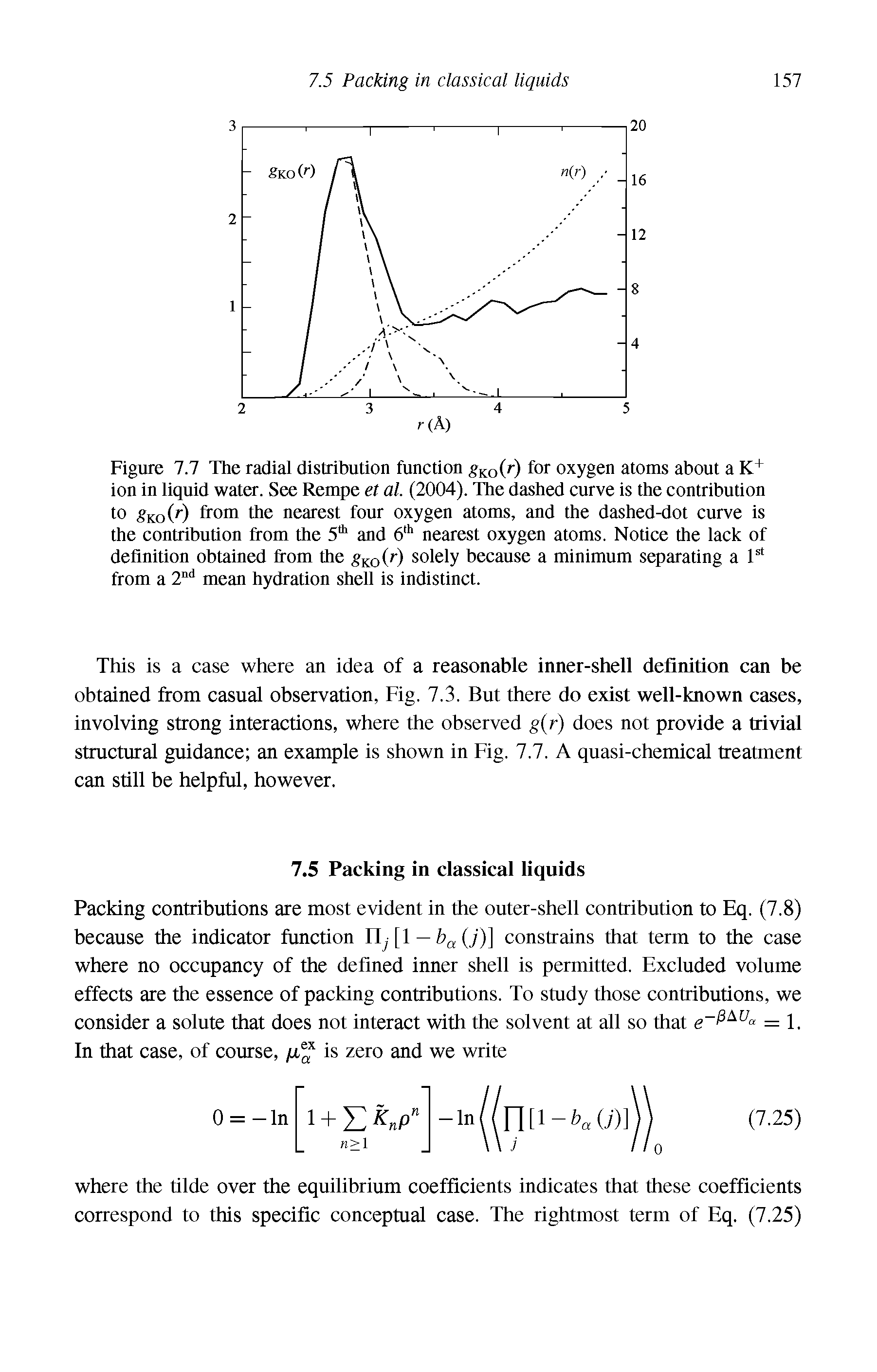 Figure 7.7 The radial distribution function ko( ) for oxygen atoms about a K+ ion in liquid water. See Rempe et al. (2004). The dashed curve is the contribution to Ko(r) from the nearest four oxygen atoms, and the dashed-dot curve is the contribution from the 5 and 6 nearest oxygen atoms. Notice the lack of definition obtained from the Ko(r) solely because a minimum separating a from a 2 mean hydration shell is indistinct.