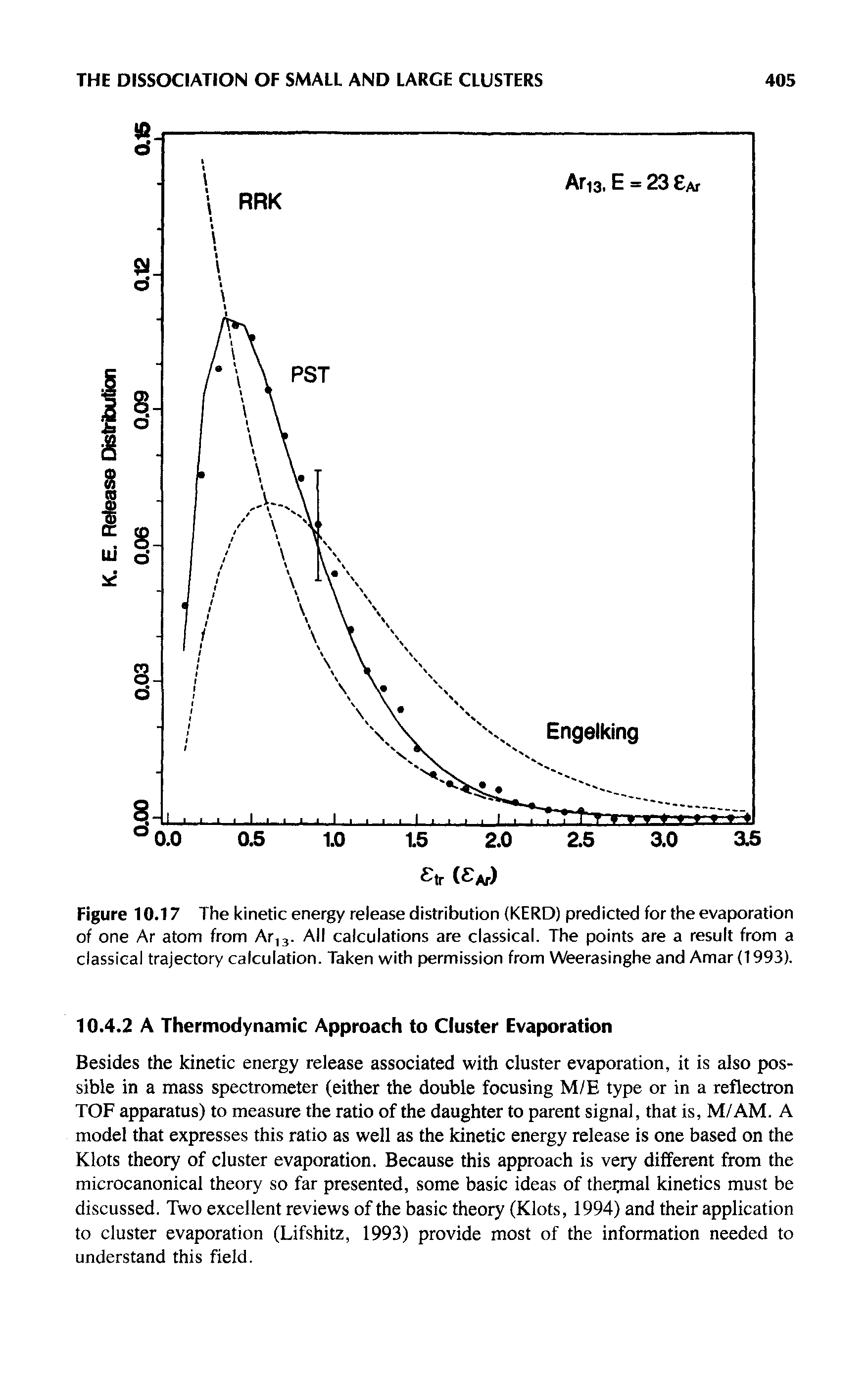Figure 10.17 The kinetic energy release distribution (KERD) predicted for the evaporation of one Ar atom from Ar,3- All calculations are classical. The points are a result from a classical trajectory calculation. Taken with permission from Weerasinghe and Amar(1993).