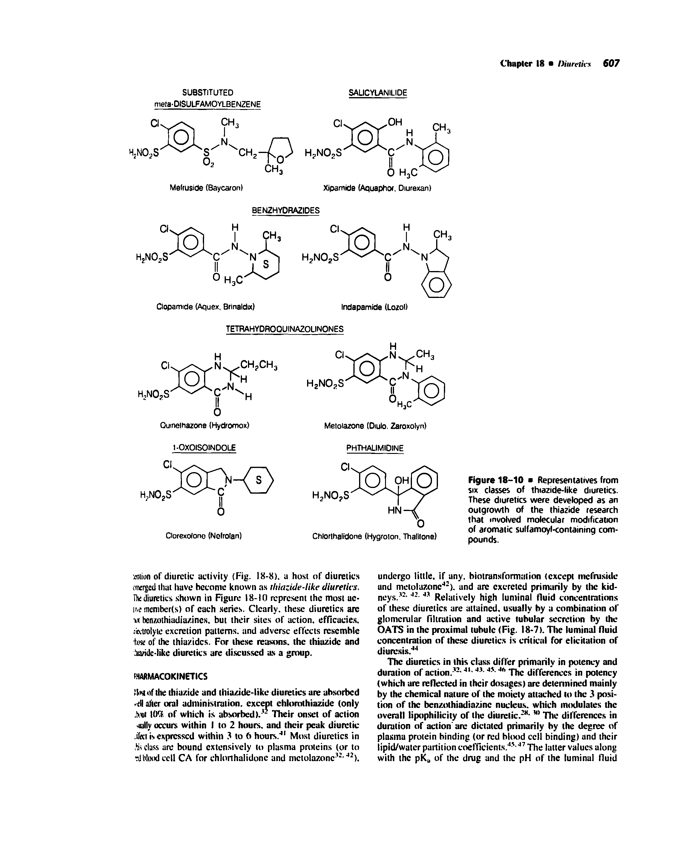 Figure 18-10 Representatives from SIX classes of thiazide-like diuretics. These diuretics were developed as an outgrowth of the thiazide research that involved molecular modification of aromatic sulfamoyl<ontaining compounds.