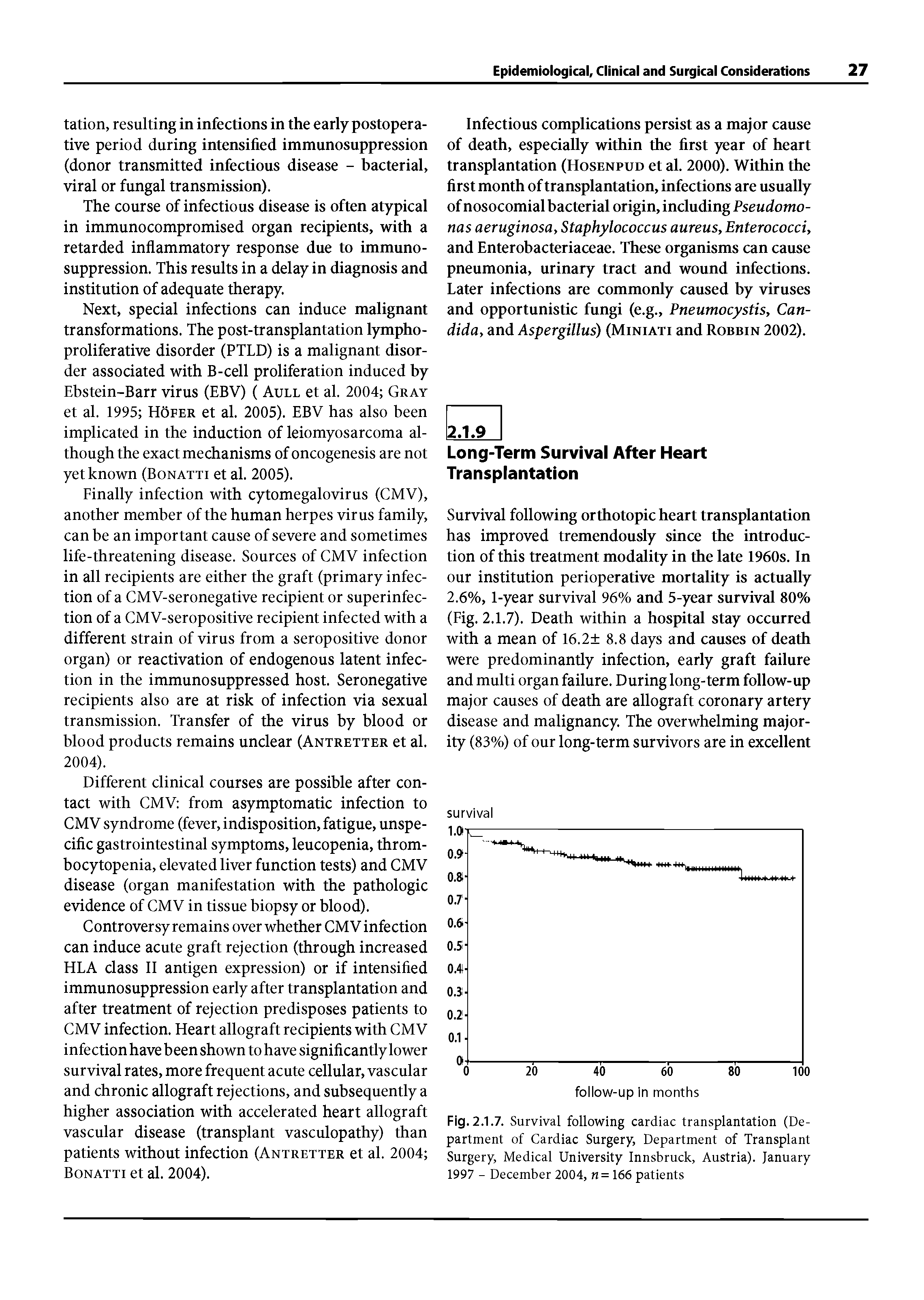 Fig. 2.1.7. Survival following cardiac transplantation (Department of Cardiac Surgery, Department of Transplant Surgery, Medical University Innsbruck, Austria). January 1997 - December 2004, n= 166 patients...