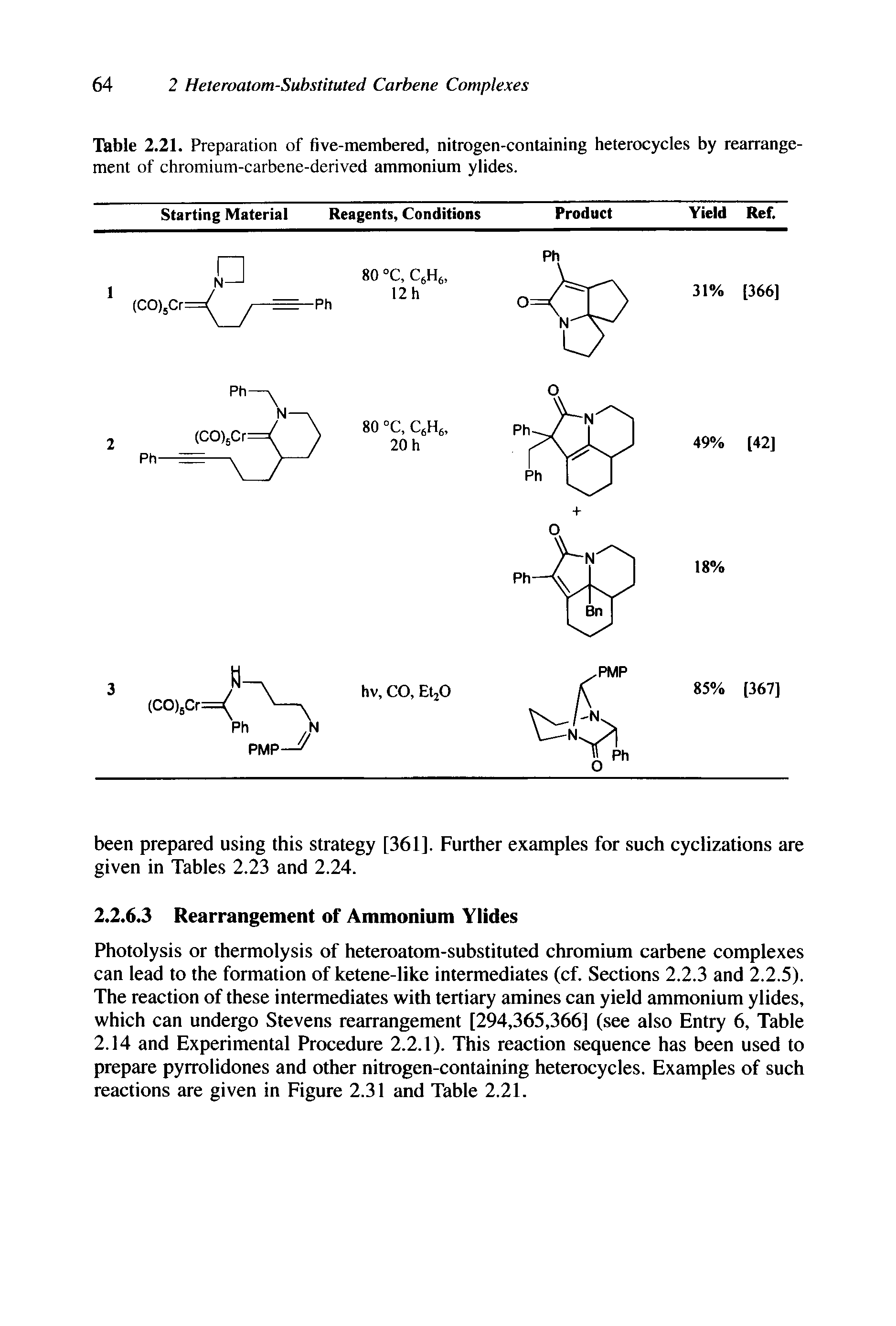 Table 2.21. Preparation of five-membered, nitrogen-containing heterocycles by rearrangement of chromium-carbene-derived ammonium ylides.