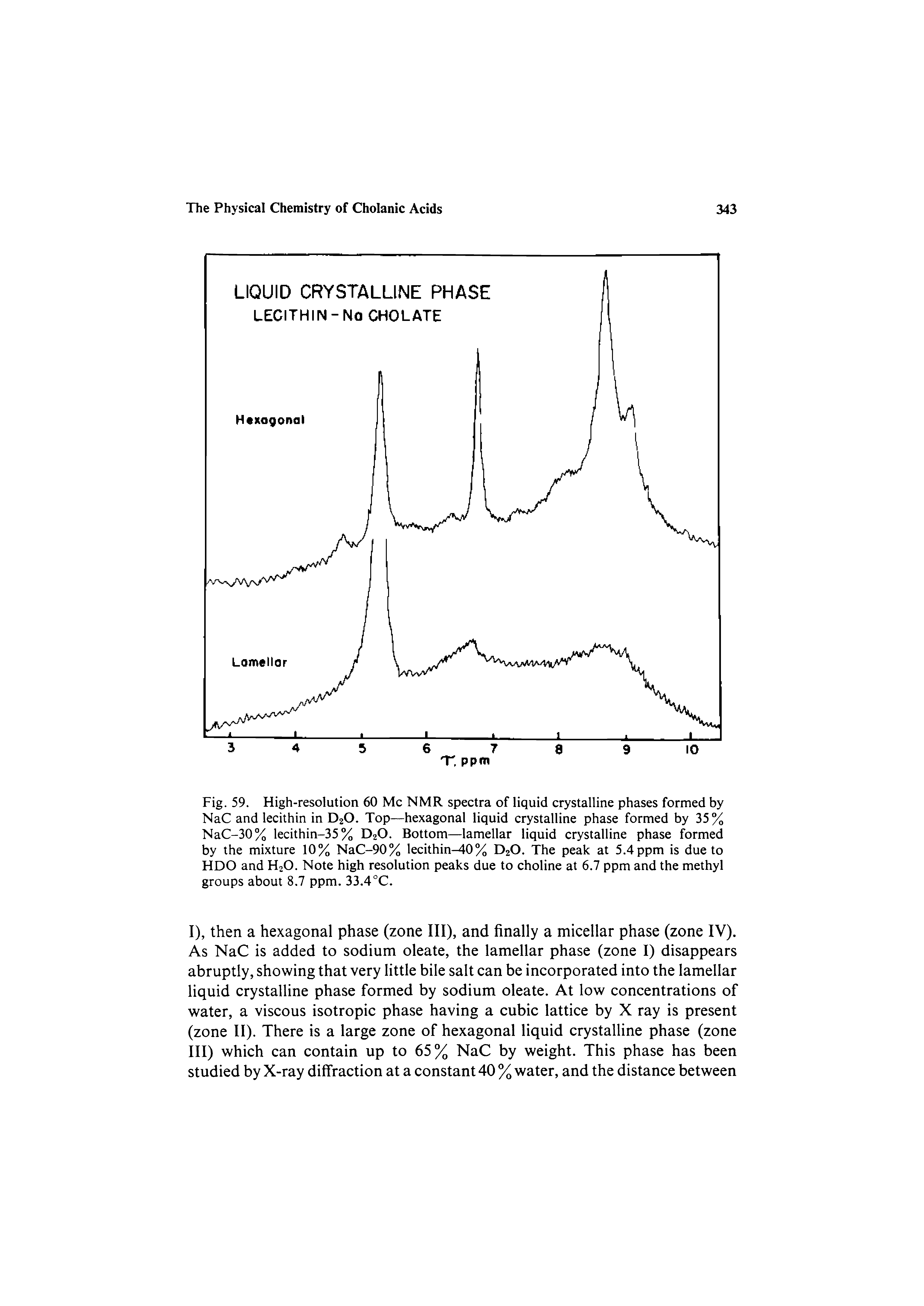 Fig. 59. High-resolution 60 Me NMR spectra of liquid crystalline phases formed by NaC and lecithin in D2O. Top—hexagonal liquid crystalline phase formed by 35% NaC-30% lecithin-35 % D2O. Bottom—lamellar liquid crystalline phase formed by the mixture 10% NaC-90% lecithin-40 % D2O. The peak at 5.4 ppm is due to HDO and H2O. Note high resolution peaks due to choline at 6.7 ppm and the methyl groups about 8.7 ppm. 33.4X.