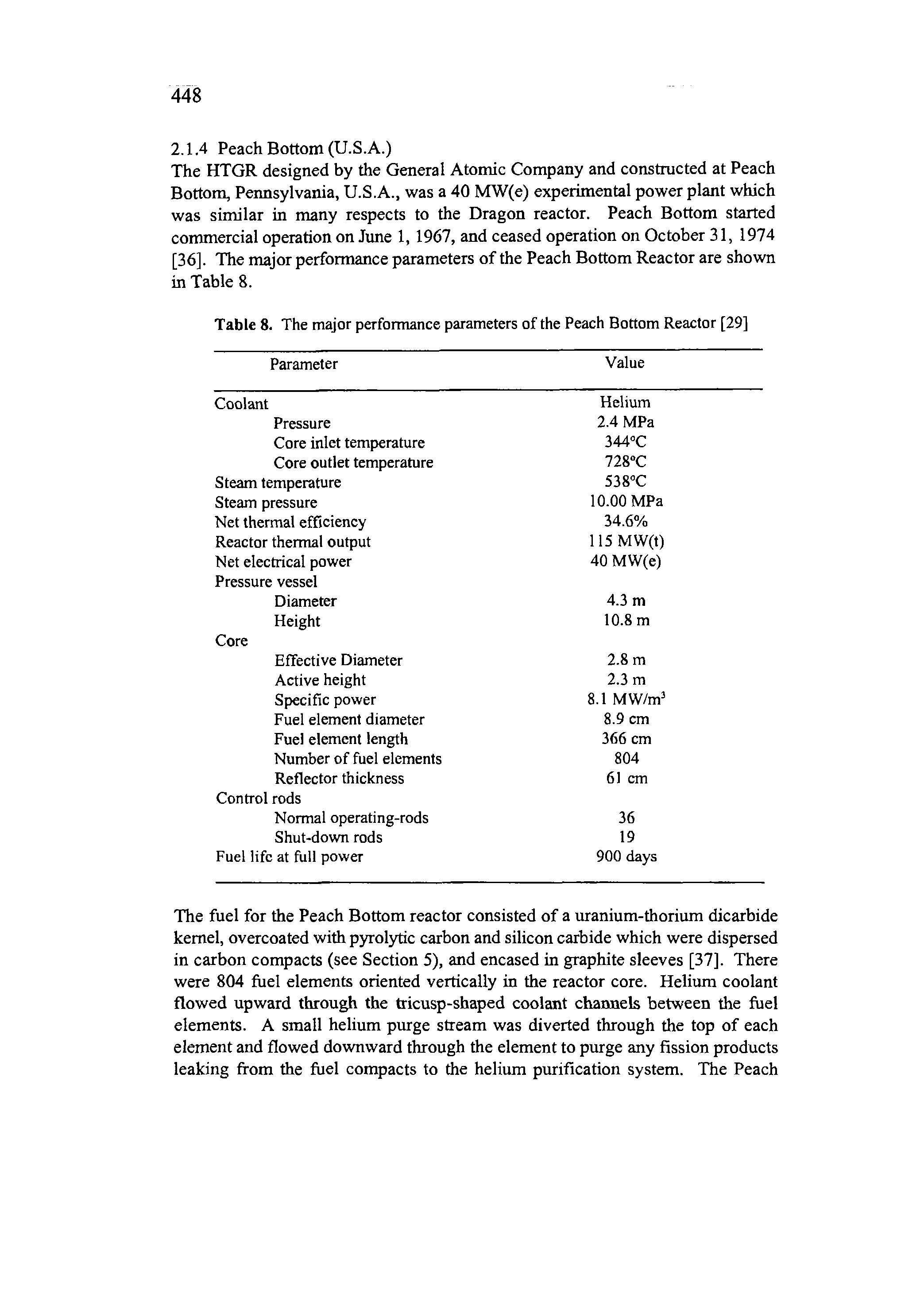 Table 8. The major performance parameters of the Peach Bottom Reactor [29]...