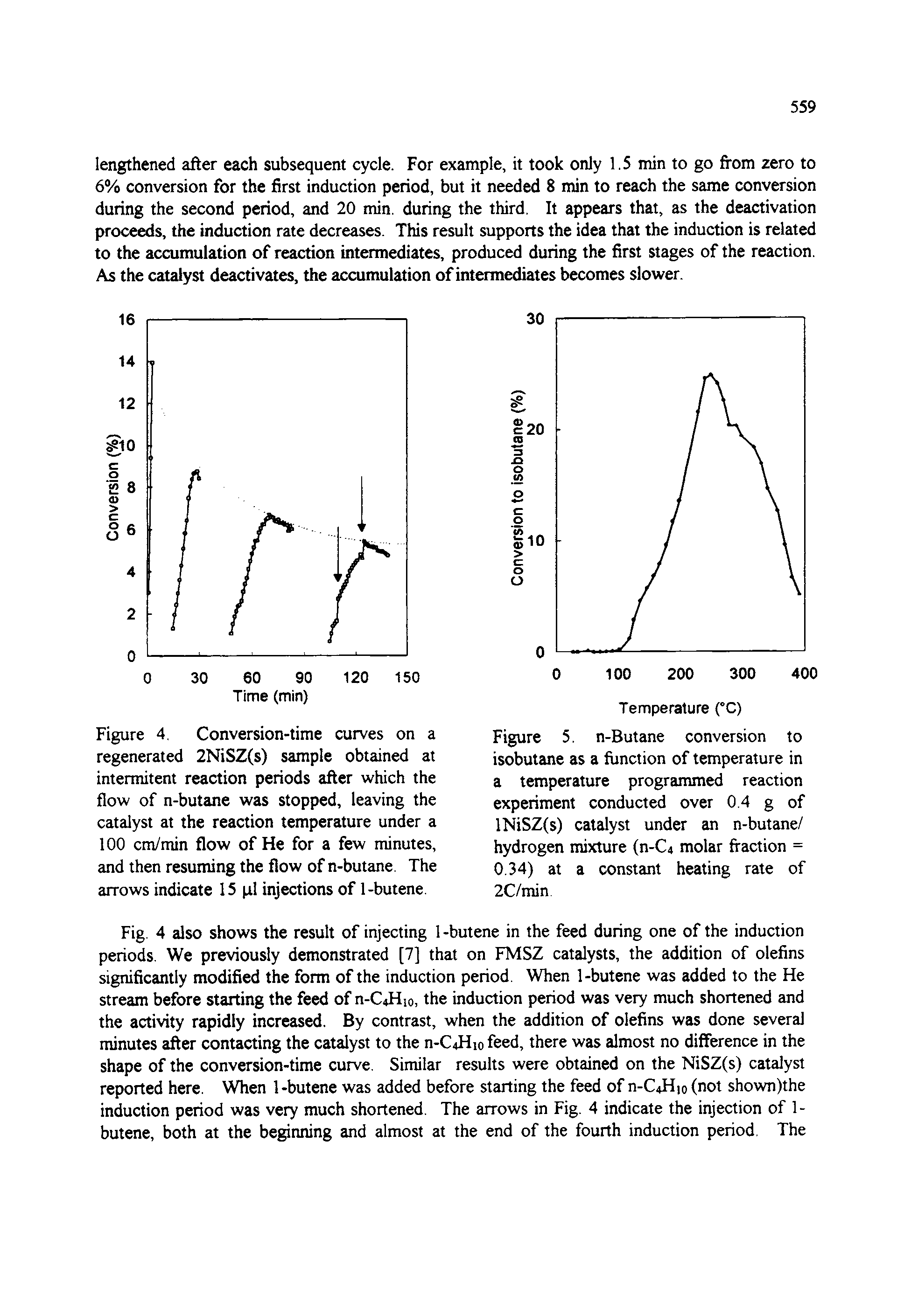 Figure 4. Conversion-time curves on a regenerated 2NiSZ(s) sample obtained at intermitent reaction periods after which the flow of n-butane was stopped, leaving the catalyst at the reaction temperature under a 100 cm/min flow of He for a few minutes, and then resuming the flow of n-butane. The arrows indicate 15 (tl injections of 1-butene.