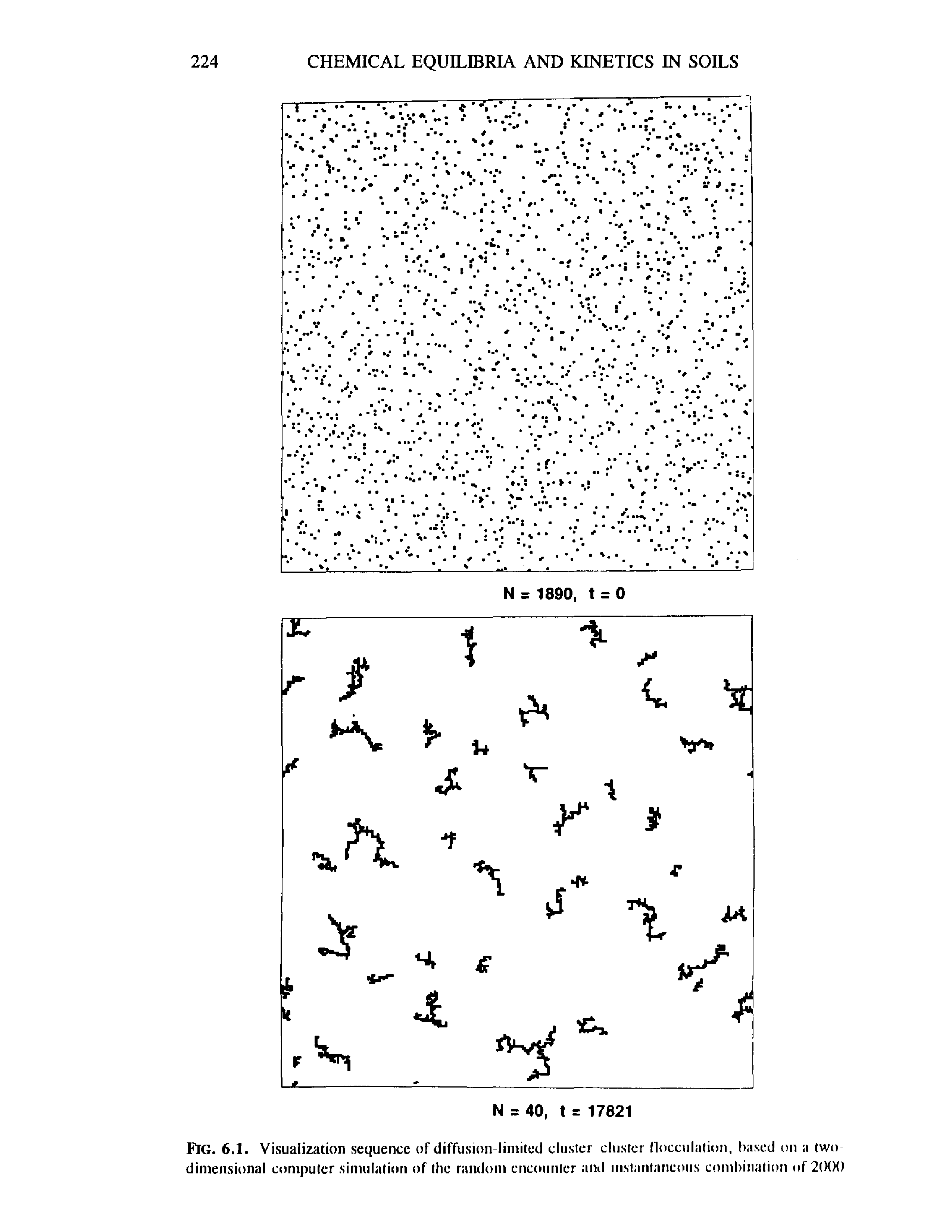 Fig. 6.1. Visualization sequence of diffusion limited cluster cluster flocculation, based on a two dimensional computer simulation of the random encounter and instantaneous combination of 2(XX)...