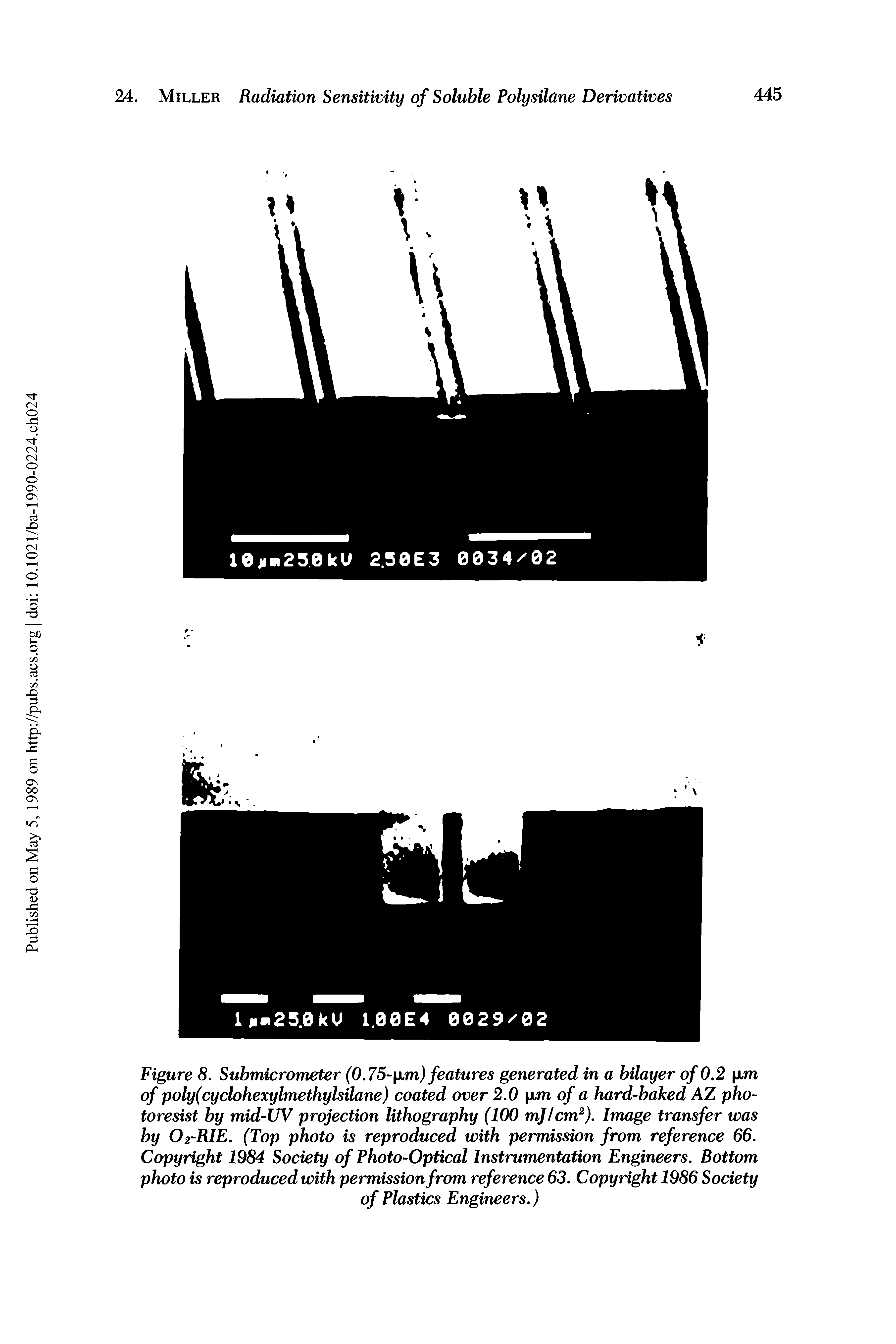 Figure 8. Submicrometer (0.75- ym) features generated in a bilayer of 0,2 fim of poly(cyclohexylmethylsilane) coated over 2.0 xm of a hard-baked AZ photoresist by mid-UV projection lithography (100 mjlcm ). Image transfer was by O2-RIE. (Top photo is reproduced with permission from reference 66. Copyright 1984 Society of Photo-Optical Instrumentation Engineers. Bottom photo is reproduced with permission from reference 63. Copyright 1986 Society of Plastics Engineers.)...