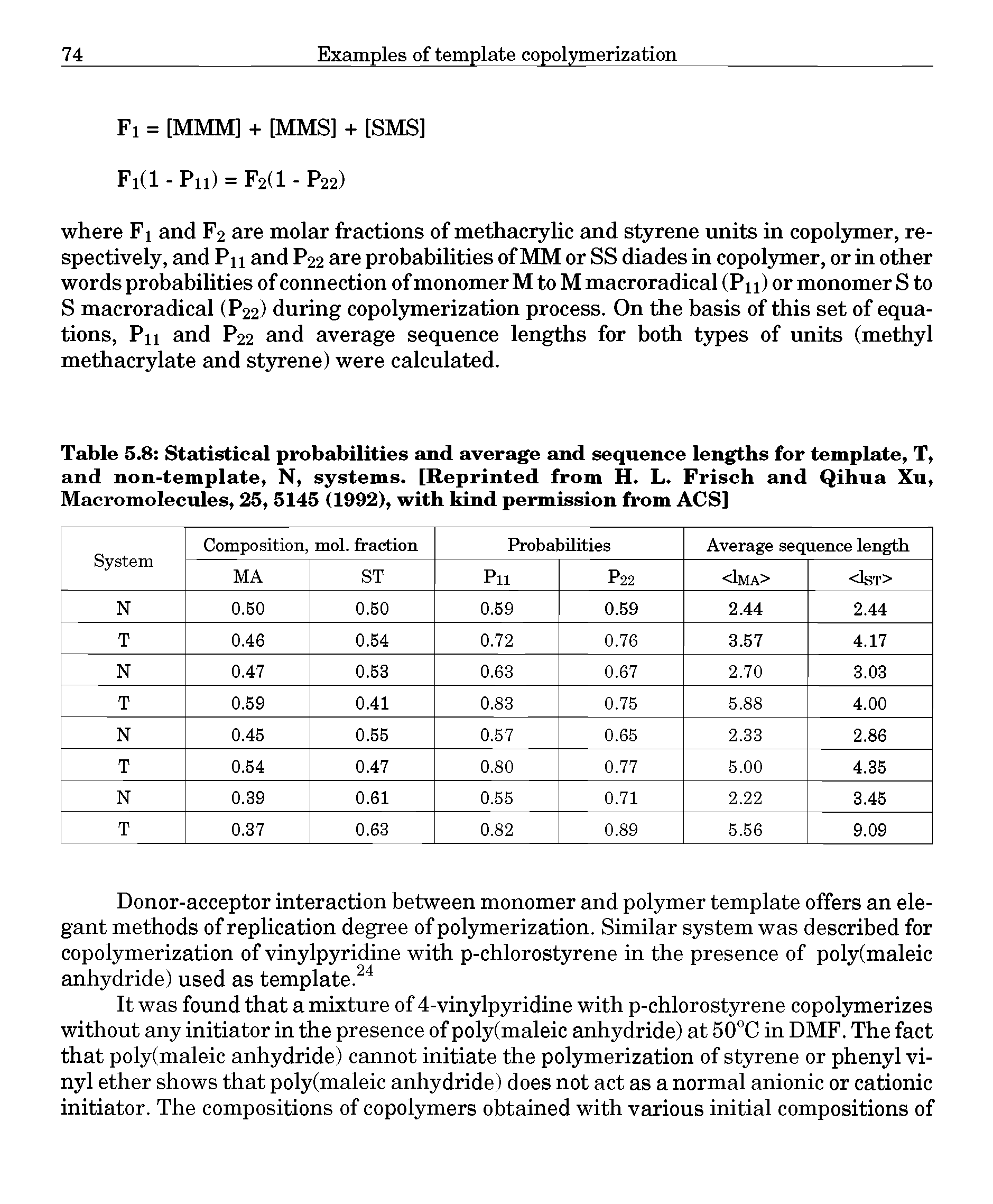 Table 5.8 Statistical probabilities and average and sequence lengths for template, T, and non-template, N, systems. [Reprinted from H. L. Frisch and Qihua Xu, Macromolecules, 25, 5145 (1992), with kind permission from ACS]...