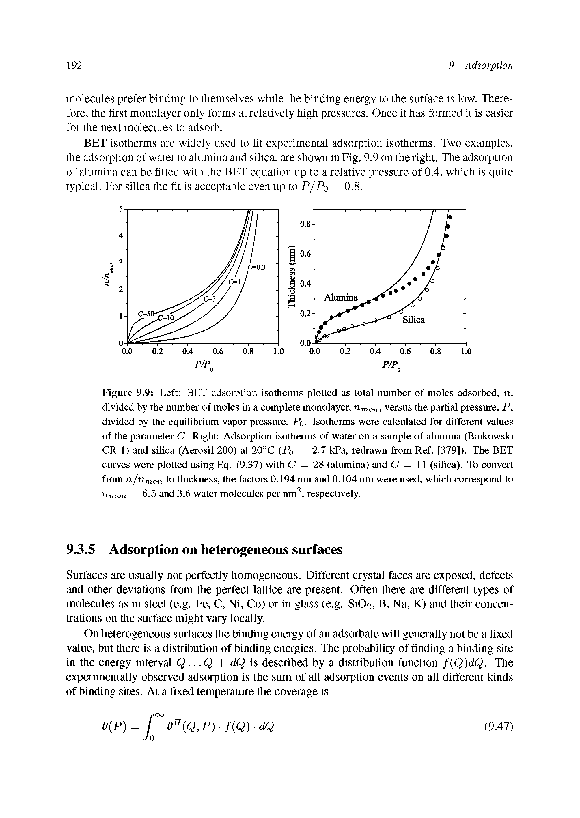Figure 9.9 Left BET adsorption isotherms plotted as total number of moles adsorbed, n, divided by the number of moles in a complete monolayer, ri7non, versus the partial pressure, P, divided by the equilibrium vapor pressure, Po. Isotherms were calculated for different values of the parameter C. Right Adsorption isotherms of water on a sample of alumina (Baikowski CR 1) and silica (Aerosil 200) at 20°C (P0 = 2.7 kPa, redrawn from Ref. [379]). The BET curves were plotted using Eq. (9.37) with C = 28 (alumina) and C = 11 (silica). To convert from n/nmo to thickness, the factors 0.194 nm and 0.104 nm were used, which correspond to n-mon = 6.5 and 3.6 water molecules per nm2, respectively.