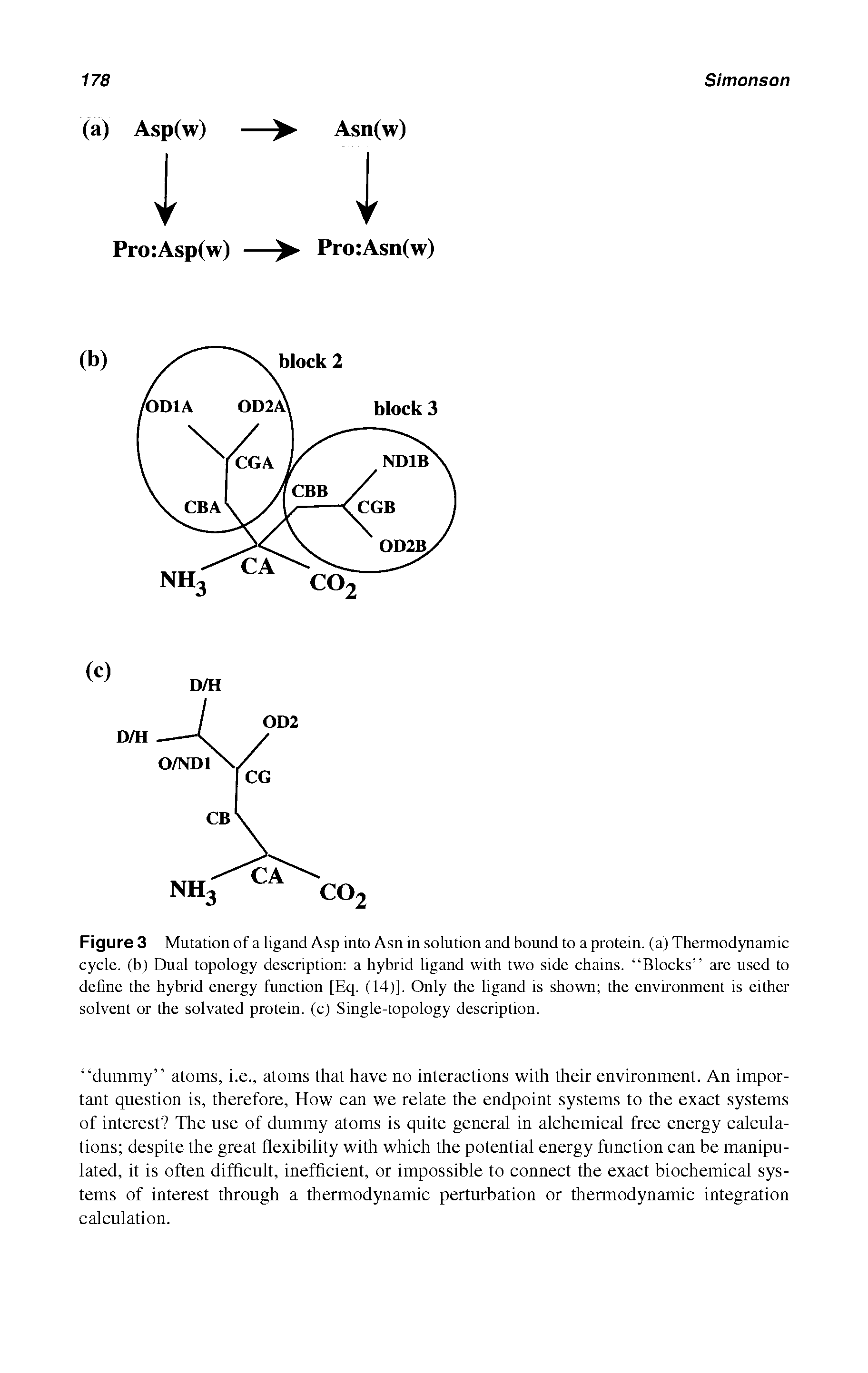 Figure 3 Mutation of a ligand Asp into Asn in solution and bound to a protein, (a) Thermodynamic cycle, (b) Dual topology description a hybrid ligand with two side chains. Blocks are used to define the hybrid energy function [Eq. (14)]. Only the ligand is shown the environment is either solvent or the solvated protein, (c) Single-topology description.