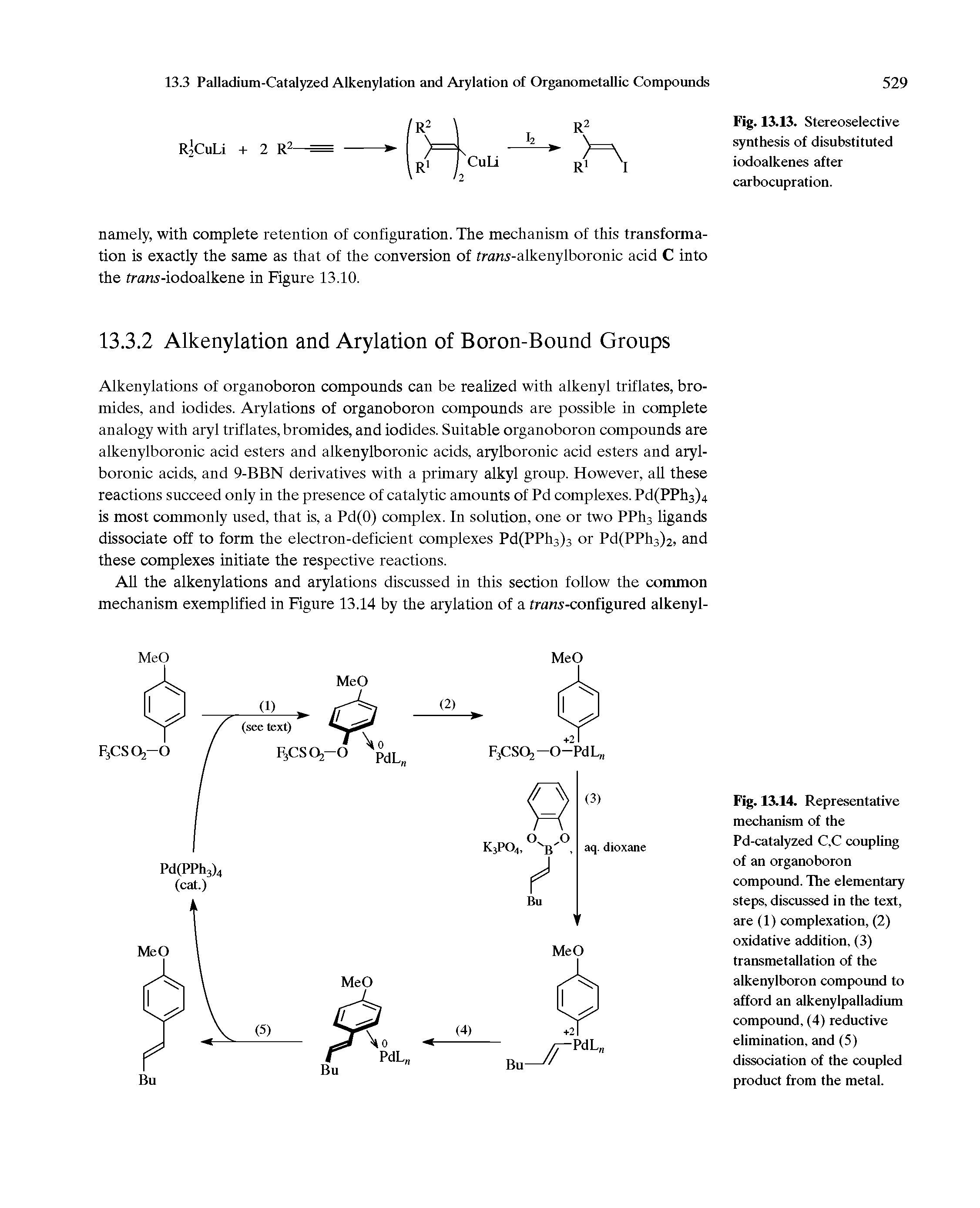 Fig. 13.14. Representative mechanism of the Pd-catalyzed C,C coupling of an organoboron compound. The elementary steps, discussed in the text, are (1) complexation, (2) oxidative addition, (3) transmetallation of the alkenylboron compound to afford an alkenylpalladium compound, (4) reductive elimination, and (5) dissociation of the coupled product from the metal.