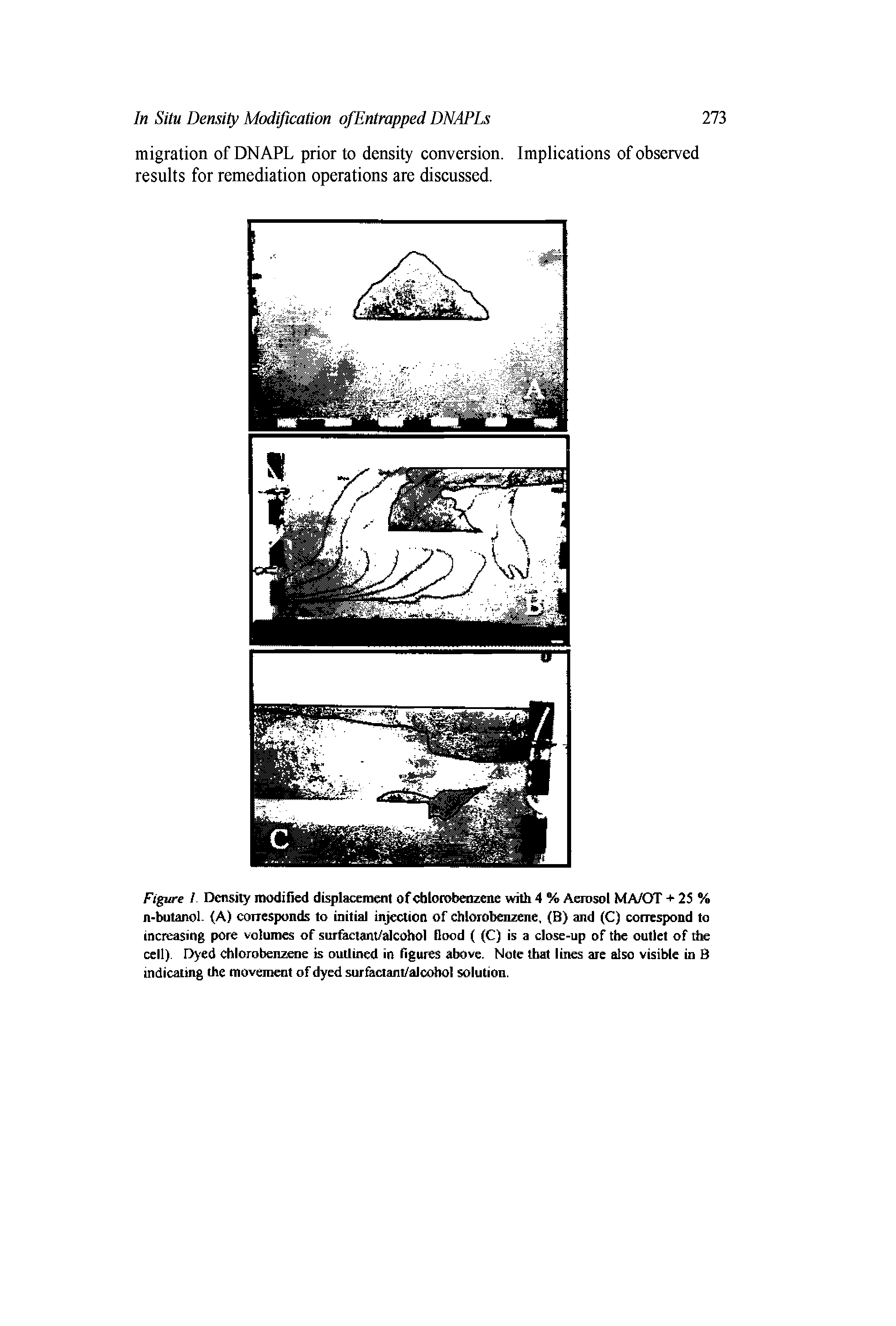 Figure I Density modified displacement of chlorobenzene with 4 % Aerosol MA/OT + 25 % n-butanol (A) corresponds to initial injection of chlorobenzene, (B) and (C) correspond to increasing pore volumes of surfactant/alcohol flood ( (C) is a close-up of the outlet of the cell). Dyed chlorobenzene is outlined in figures above. Note that lines are also visible in B indicating the movement of dyed surfactant/alcohol solution.