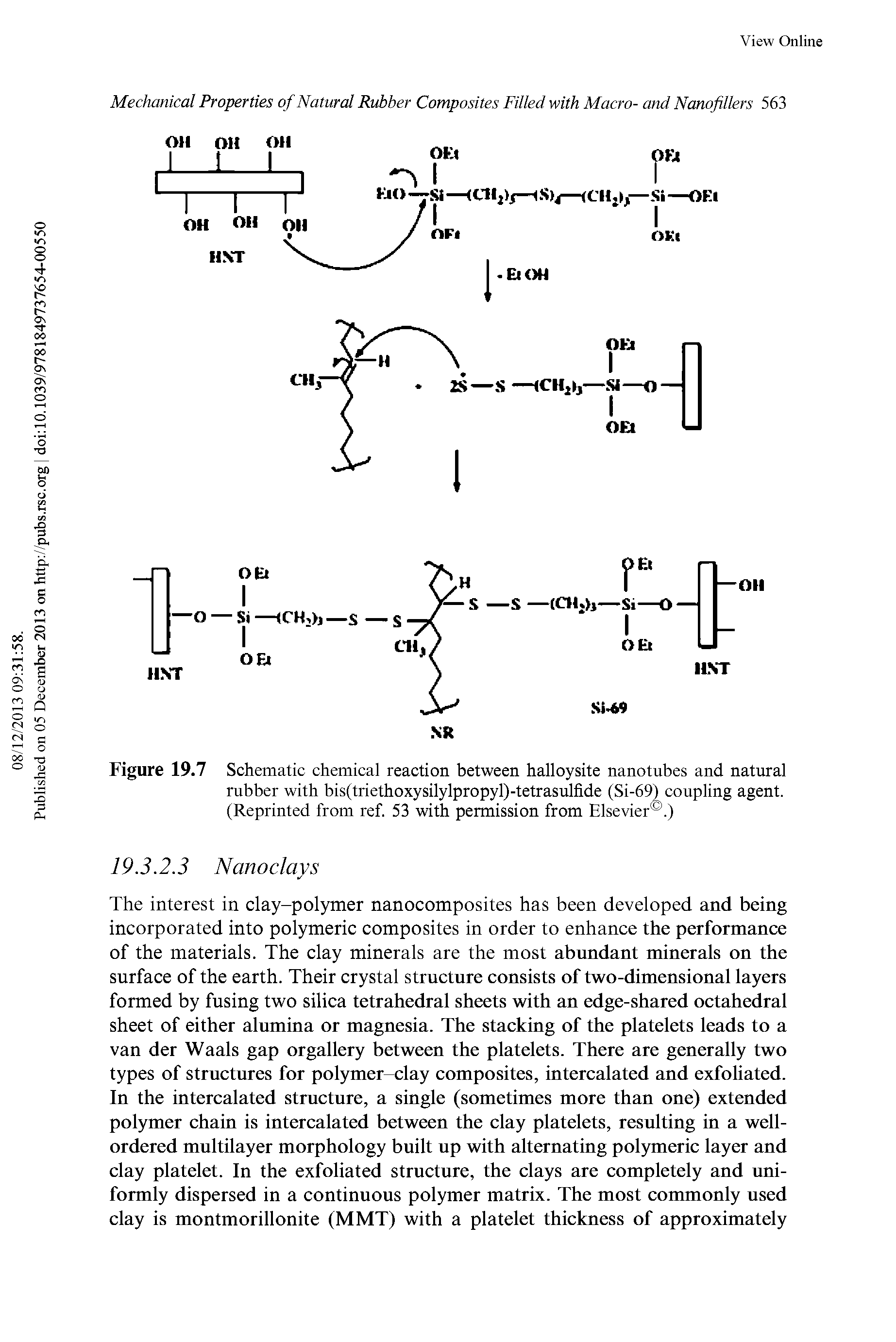 Figure 19.7 Schematic chemical reaction between halloysite nanotubes and natural rubber with bis(triethoxysilylpropyl)-tetrasulfide (Si-69) coupling agent. (Reprinted from ref. 53 with permission from Elsevier .)...
