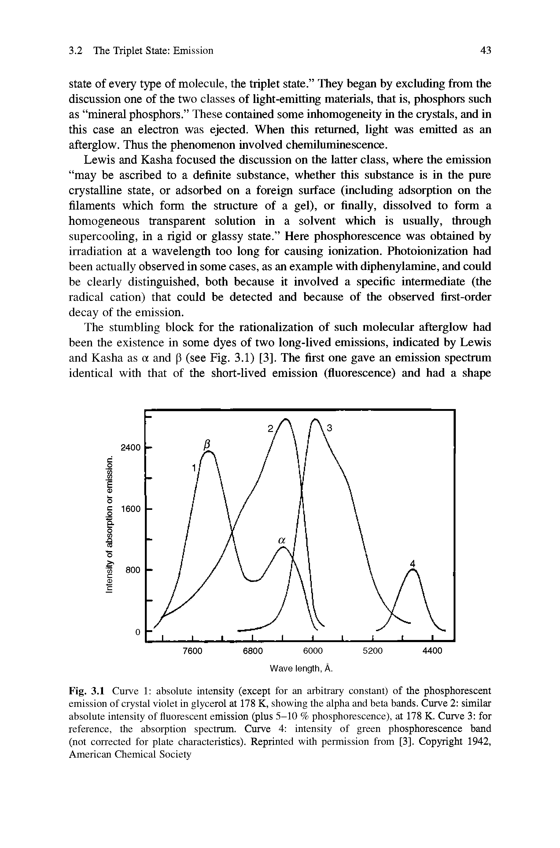 Fig. 3.1 Curve 1 absolute intensity (except for an arbitrary constant) of the phosphorescent emission of crystal violet in glycerol at 178 K, showing the alpha and beta bands. Curve 2 similar absolute intensity of fluorescent emission (plus 5-10 % phosphorescence), at 178 K. Curve 3 for reference, the absorption spectrum. Curve 4 intensity of green phosphorescence band (not corrected for plate characteristics). Reprinted with permission from [3]. Copyright 1942, American Chemical Society...