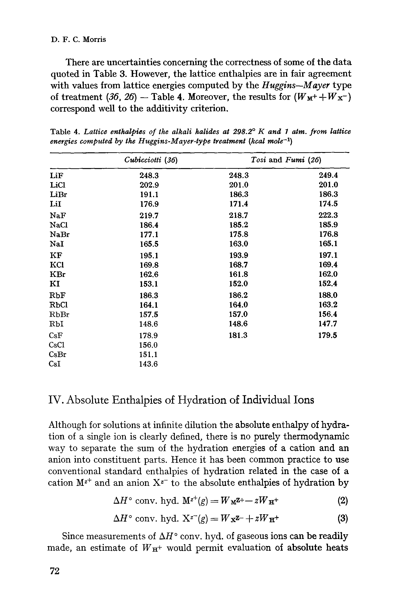 Table 4. Lattice enthalpies of the alkali halides at 298.2° K and 1 aim. from lattice energies computed by the Huggins-Mayer-type treatment (kcal mole-1)...