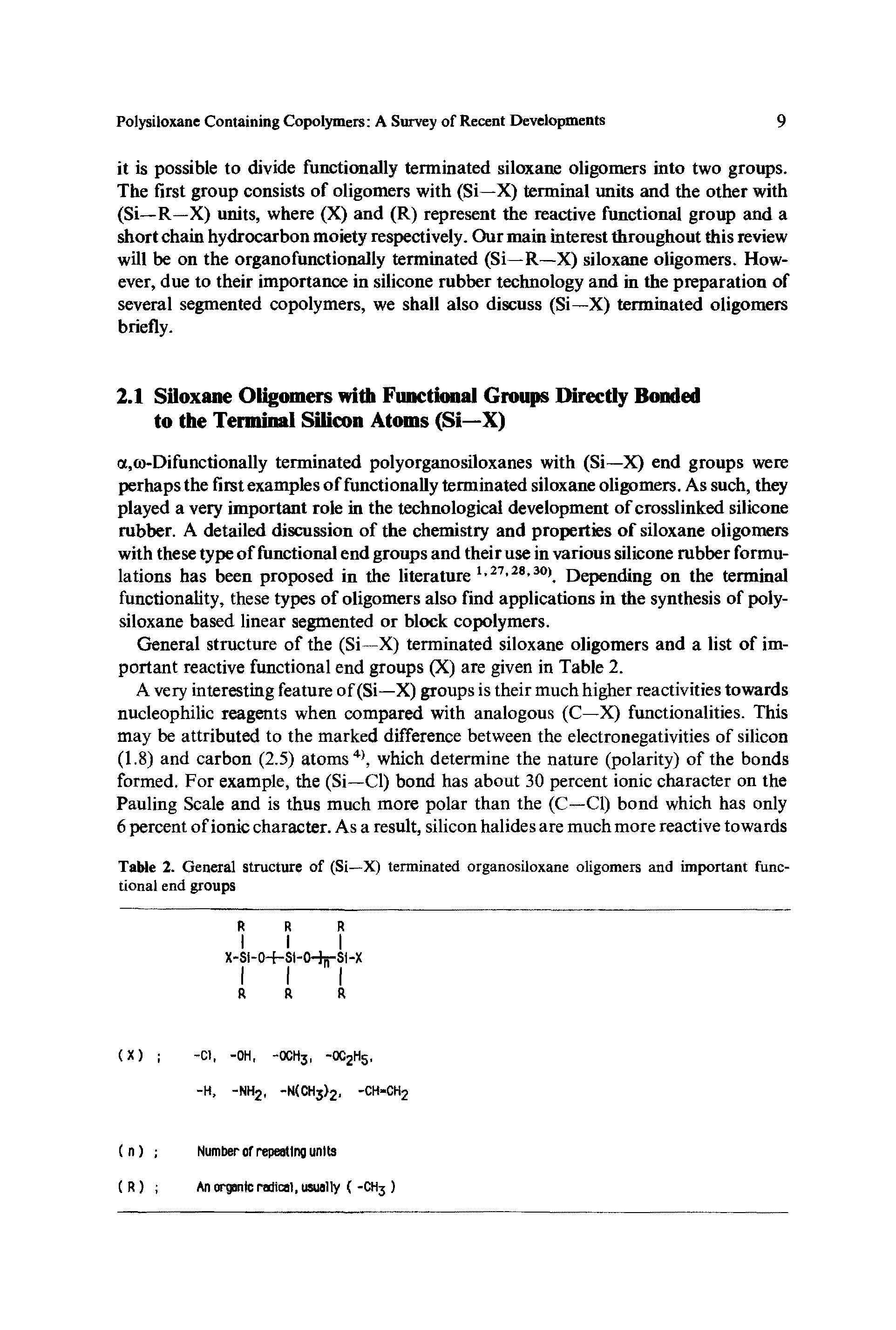 Table 2. General structure of (Si—X) terminated organosiloxane oligomers and important functional end groups...