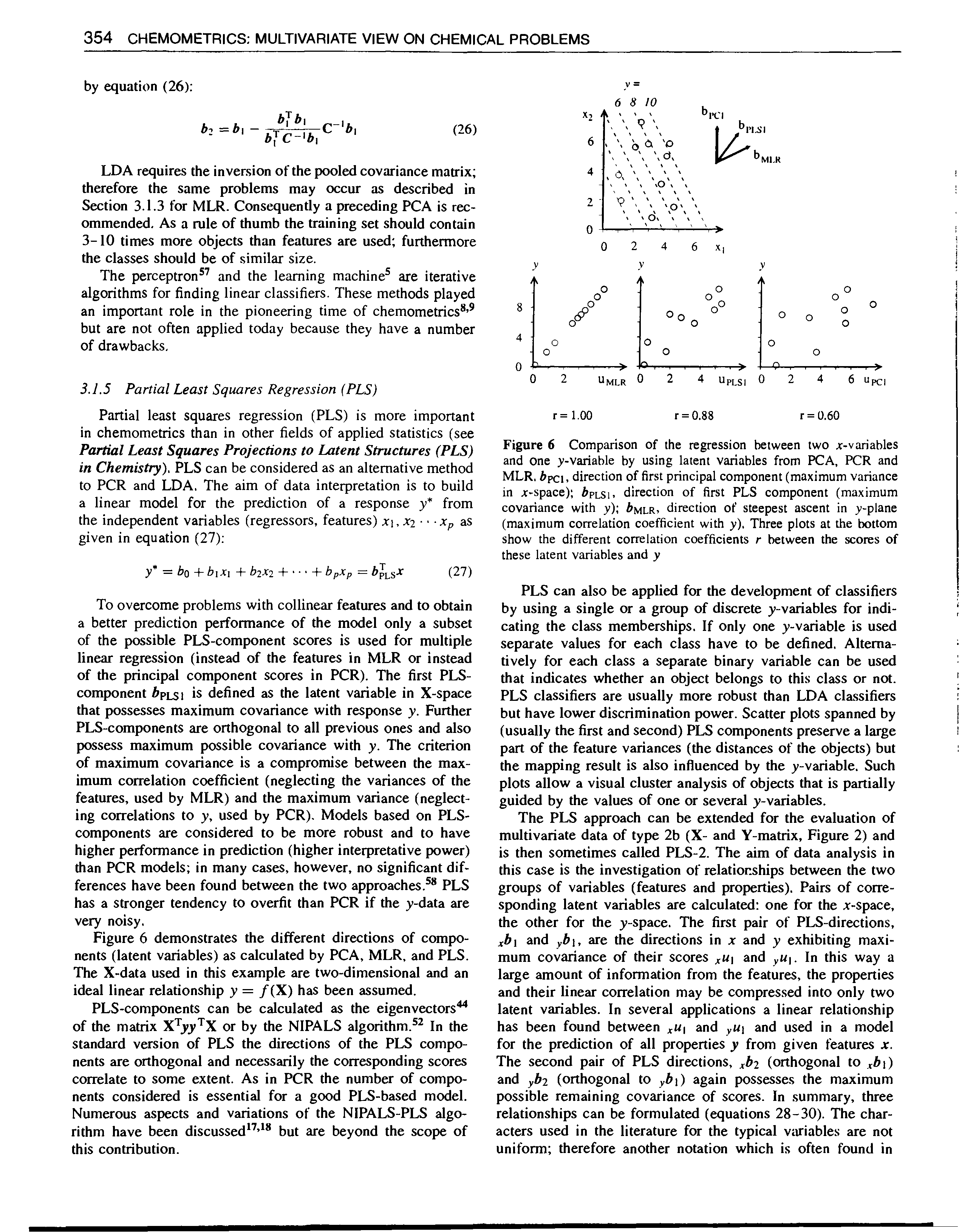 Figure 6 Comparison of the regression between two x-variables and one y-variable by using latent variables from PCA, PCR and MLR. ftpci, direction of first principal component (maximum variance in x-space) Arlsi, direction of first PLS component (maximum covariance with y) Amlr. direction of steepest ascent in y-plane (maximum correlation coefficient with y). Three plots at the bottom show the different correlation coefficients r between the scores of these latent variables and y...