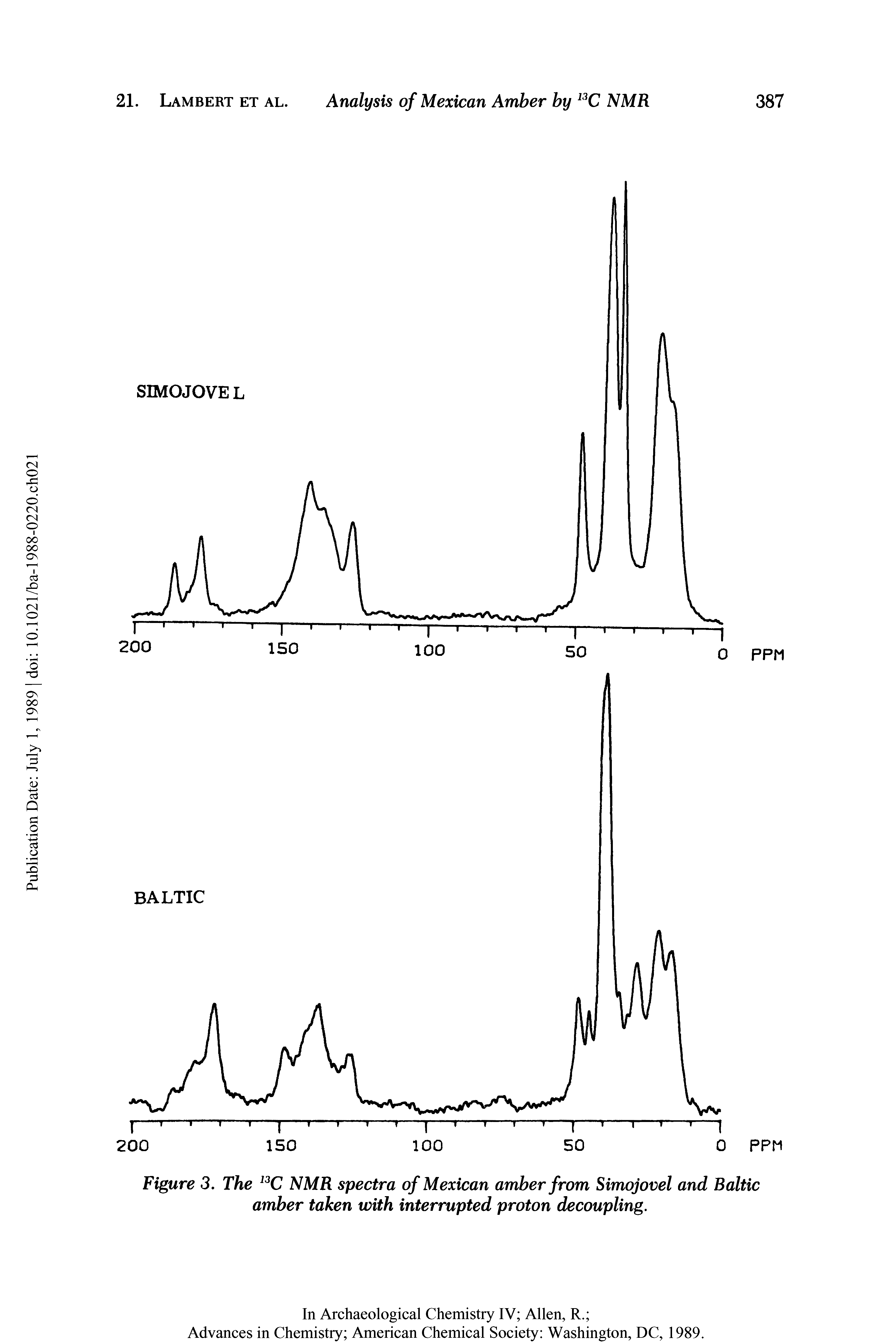 Figure 3. The 13C NMR spectra of Mexican amber from Simojovel and Baltic amber taken with interrupted proton decoupling.