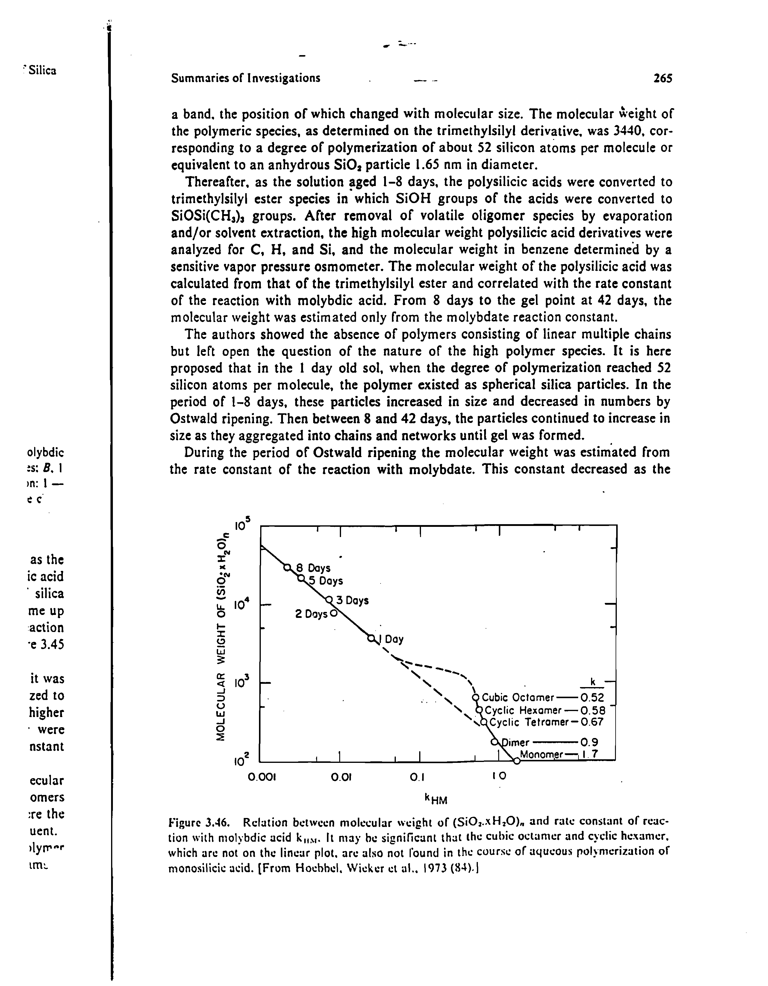 Figure 3.46. Relation between molecular weight of (SiOj..xHjO) and rate constant of reaction with molybdic acid k ., . It may be significant that the cubic octamer and cyclic hcxamcr. which are not on the linear plot, are also not found in the course of aqueous polymerization of monosilicic acid. [From Hoebhel. Wicker et al.. 1973 (84)-l...