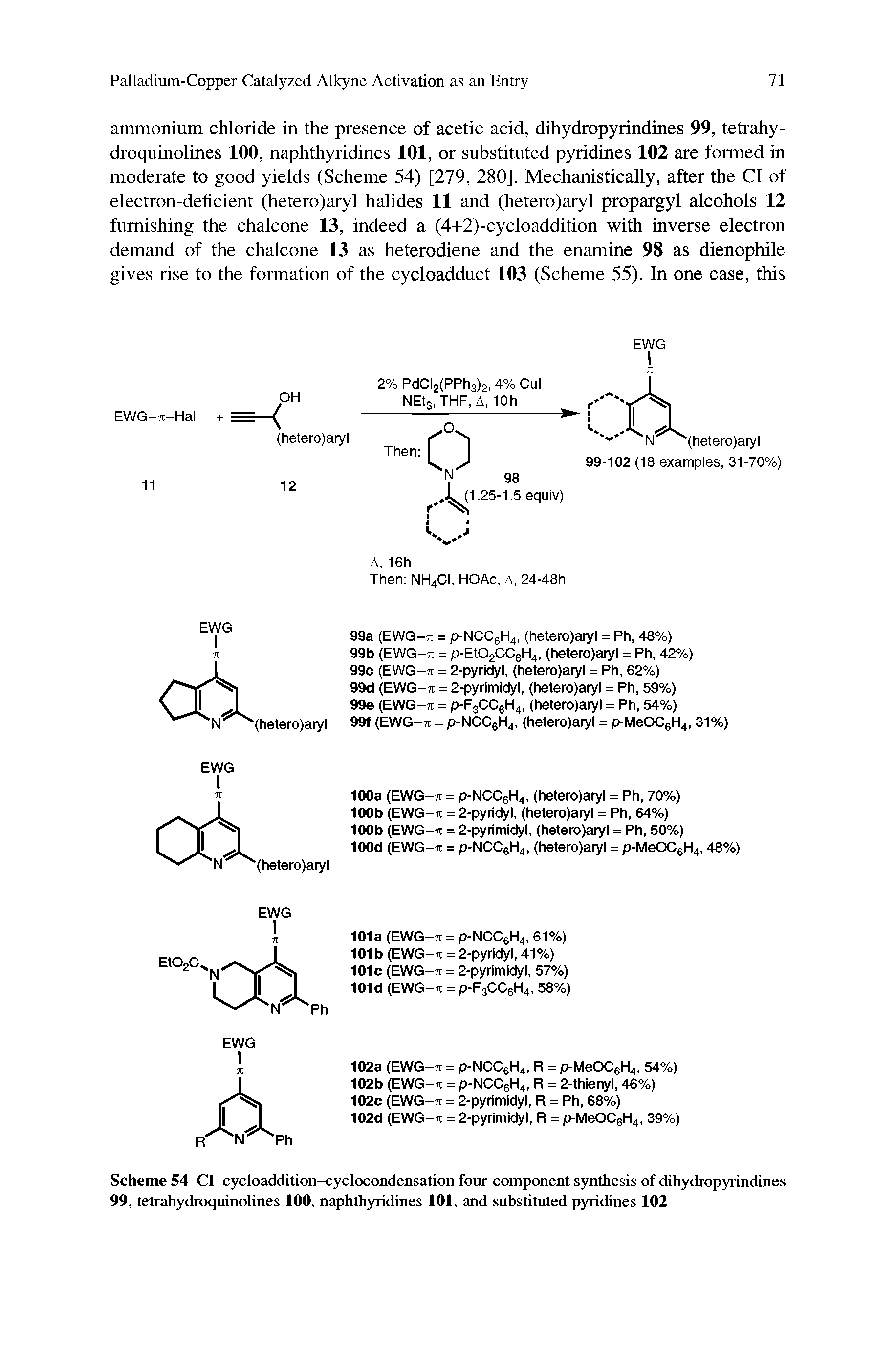 Scheme 54 Cl-cycloaddition-cyclocondensation four-component synthesis of dihydropyrindines 99, tetrahydroquinolines 100, naphthyridines 101, and substituted pyridines 102...