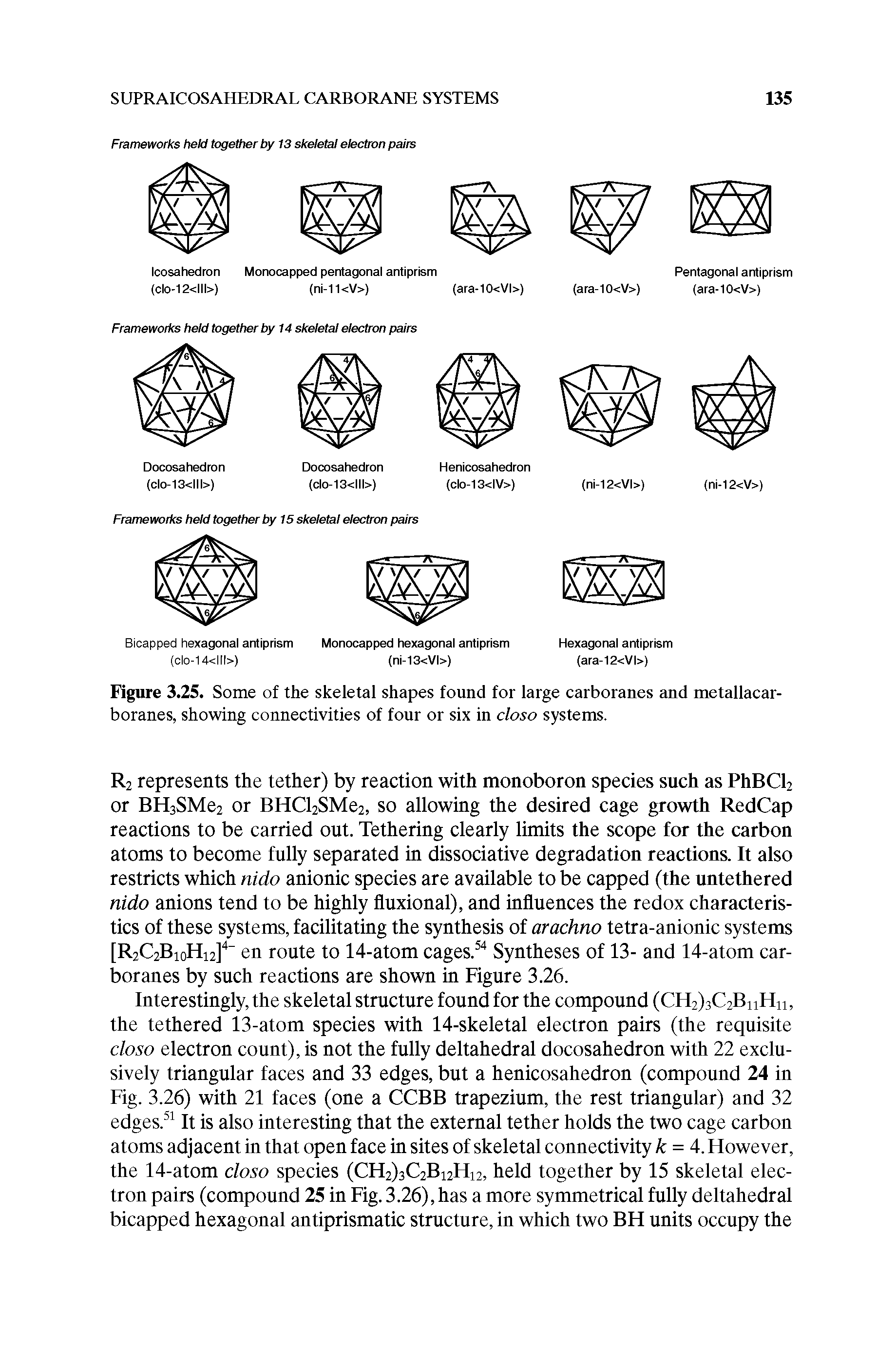 Figure 3.25. Some of the skeletal shapes found for large carboranes and metallacarboranes, showing connectivities of four or six in closo systems.