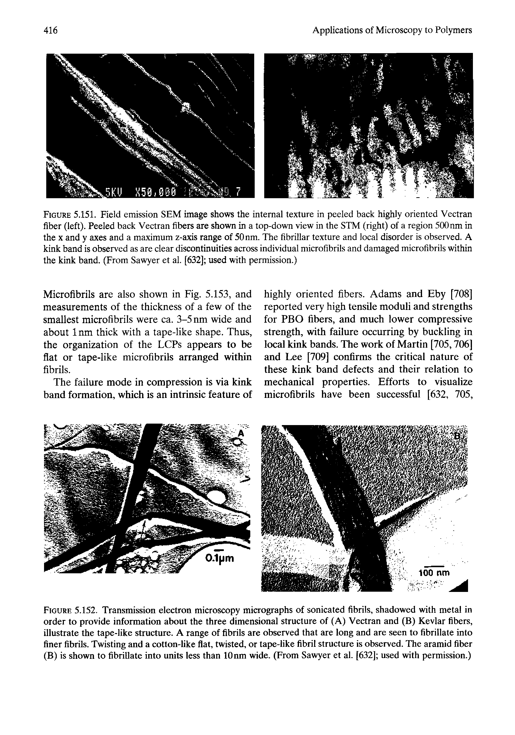 Figure 5.152. Transmission electron microscopy micrographs of sonicated fibrils, shadowed with metal in order to provide information about the three dimensional structure of (A) Vectran and (B) Kevlar fibers, illustrate the tape-like structure. A range of fibrils are observed that are long and are seen to fibrillate into finer fibrils. Twisting and a cotton-like flat, twisted, or tape-like fibril structure is observed. The aramid fiber (B) is shown to fibrillate into units less than 10 nm wide. (From Sawyer et al. [632] used with permission.)...