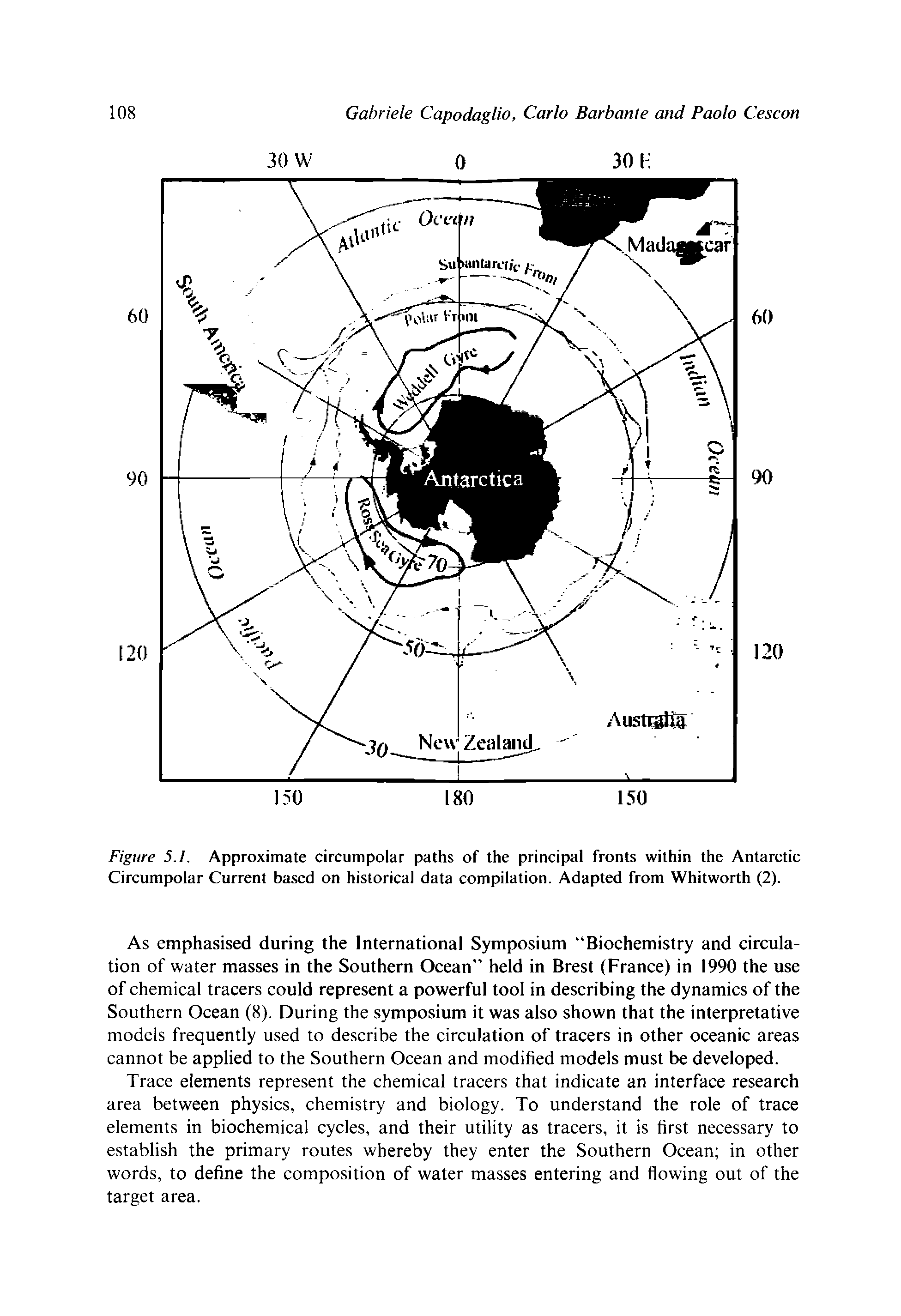 Figure 5.1. Approximate circumpolar paths of the principal fronts within the Antarctic Circumpolar Current based on historical data compilation. Adapted from Whitworth (2).